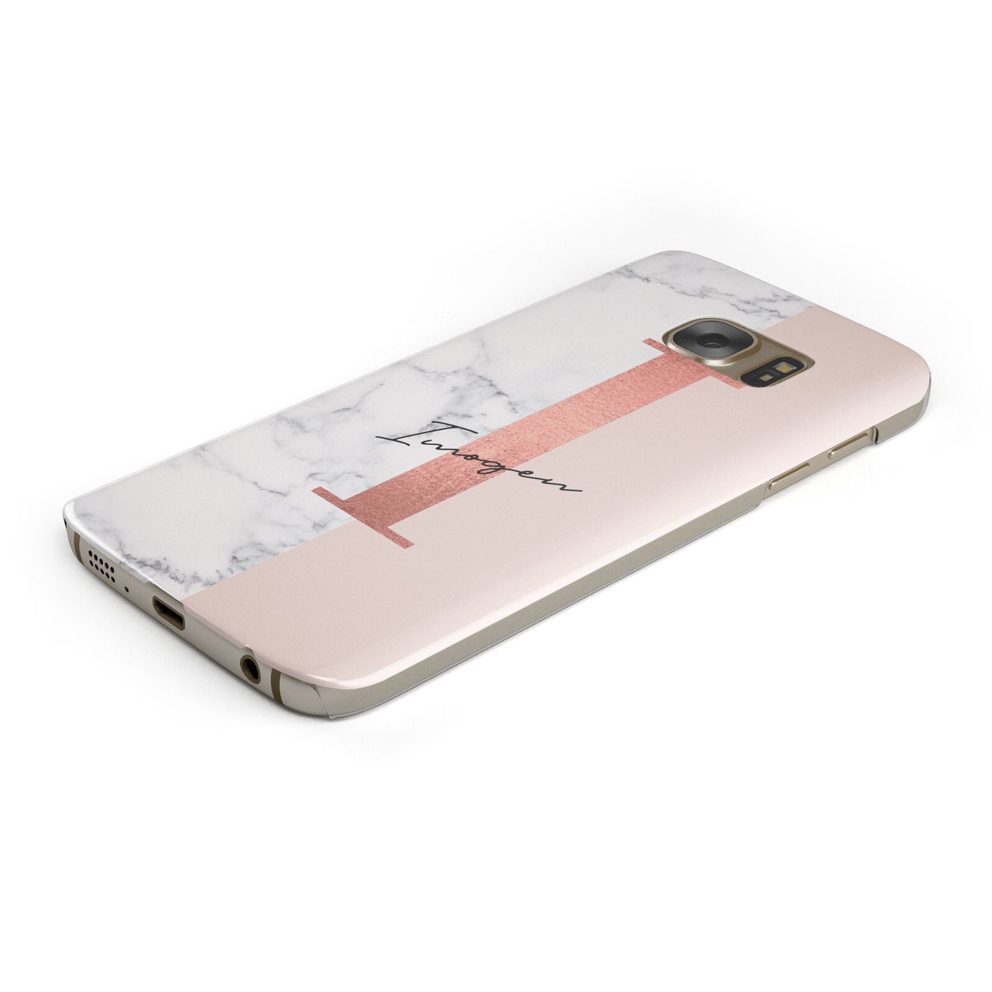 Monogrammed Rose Gold Marble Protective Samsung Galaxy Case Angled Image