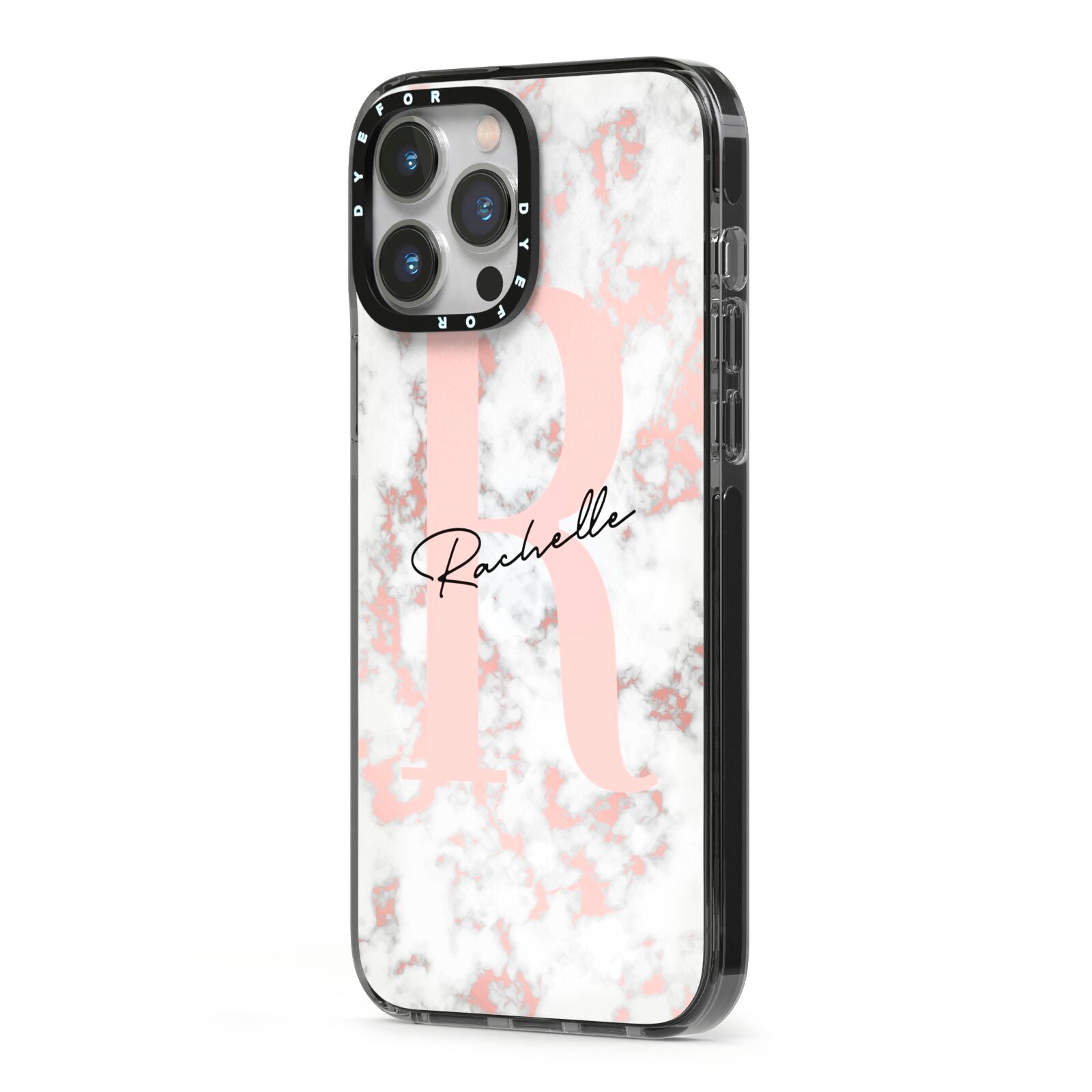 Monogrammed Rose Gold Marble iPhone 13 Pro Max Black Impact Case Side Angle on Silver phone