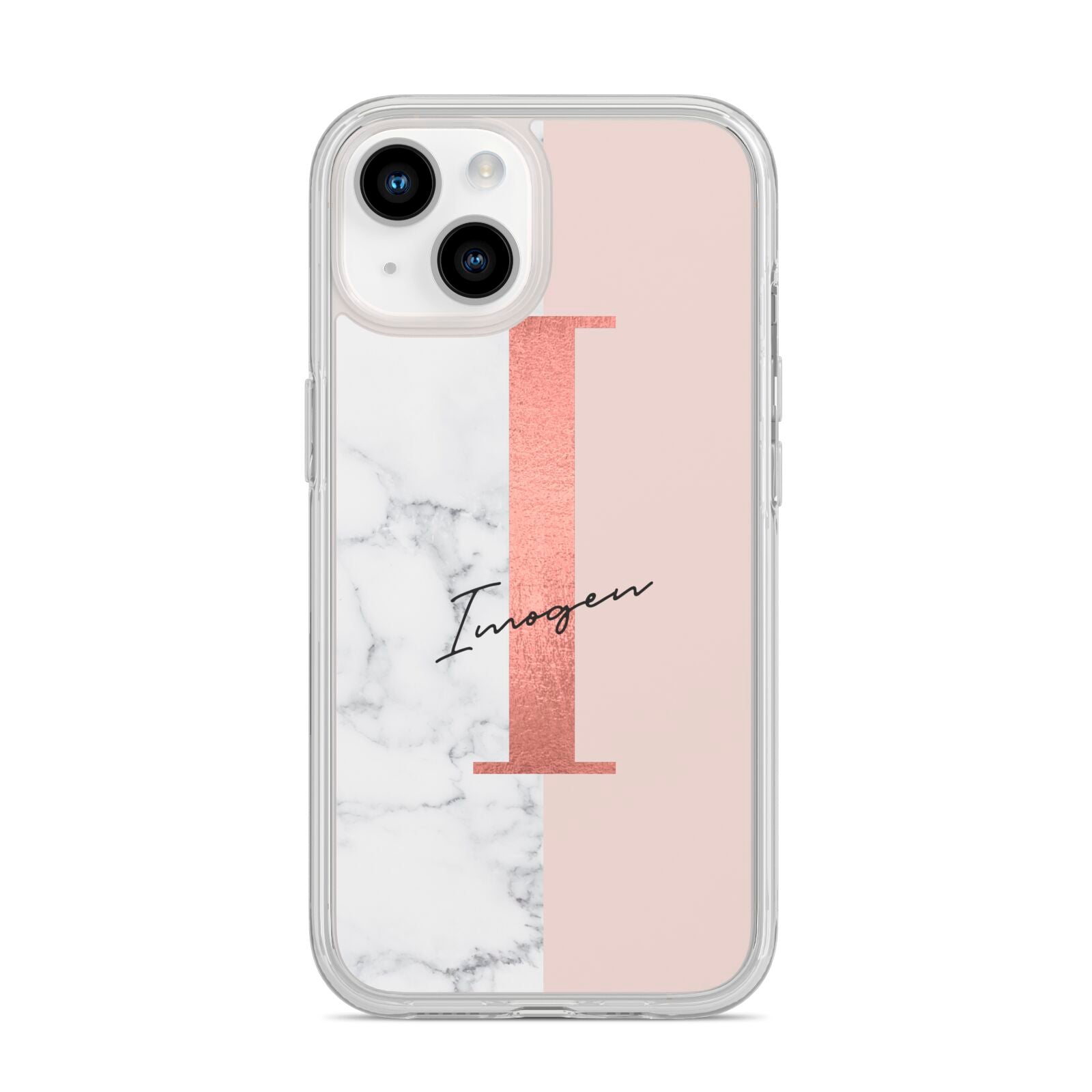 Monogrammed Rose Gold Marble iPhone 14 Clear Tough Case Starlight