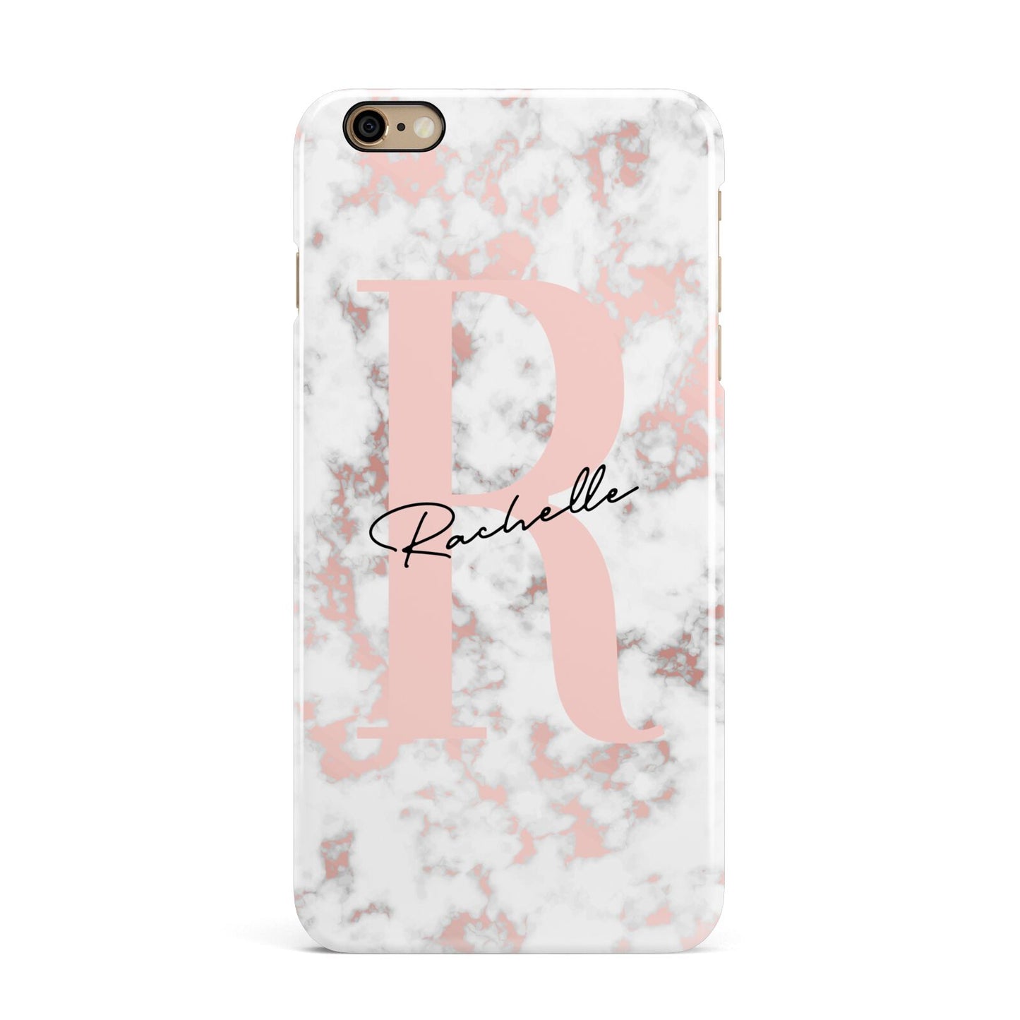 Monogrammed Rose Gold Marble iPhone 6 Plus 3D Snap Case on Gold Phone