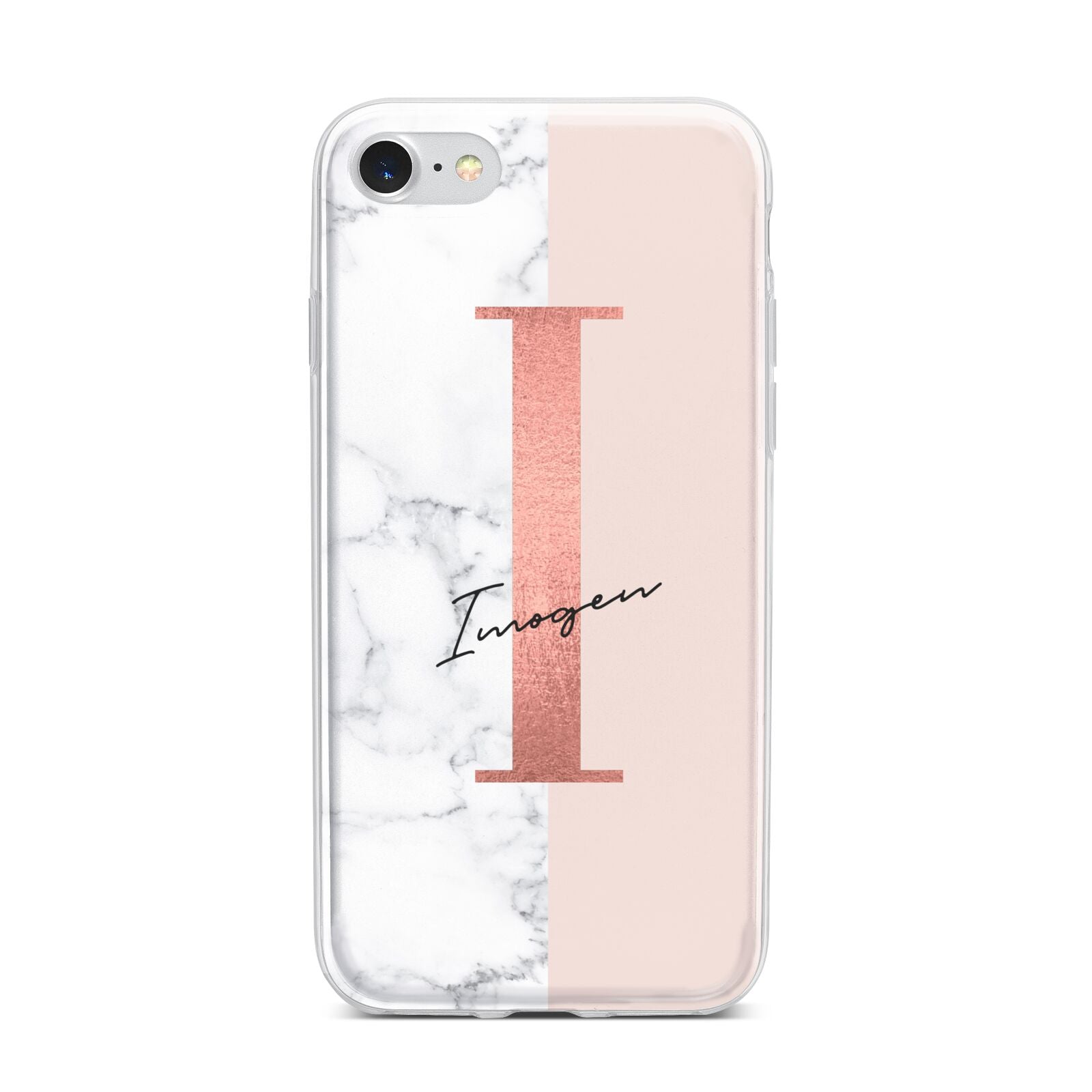 Monogrammed Rose Gold Marble iPhone 7 Bumper Case on Silver iPhone