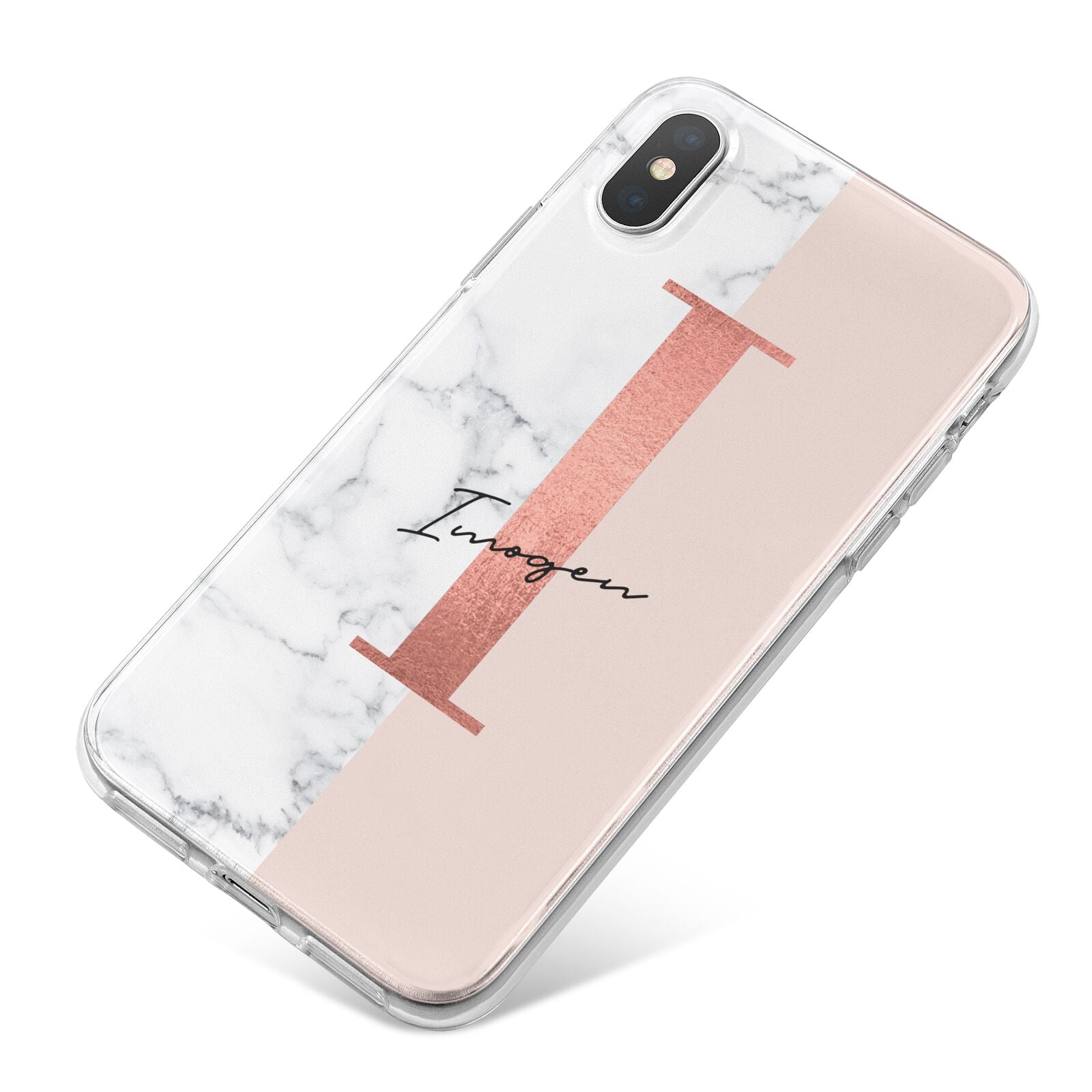 Monogrammed Rose Gold Marble iPhone X Bumper Case on Silver iPhone