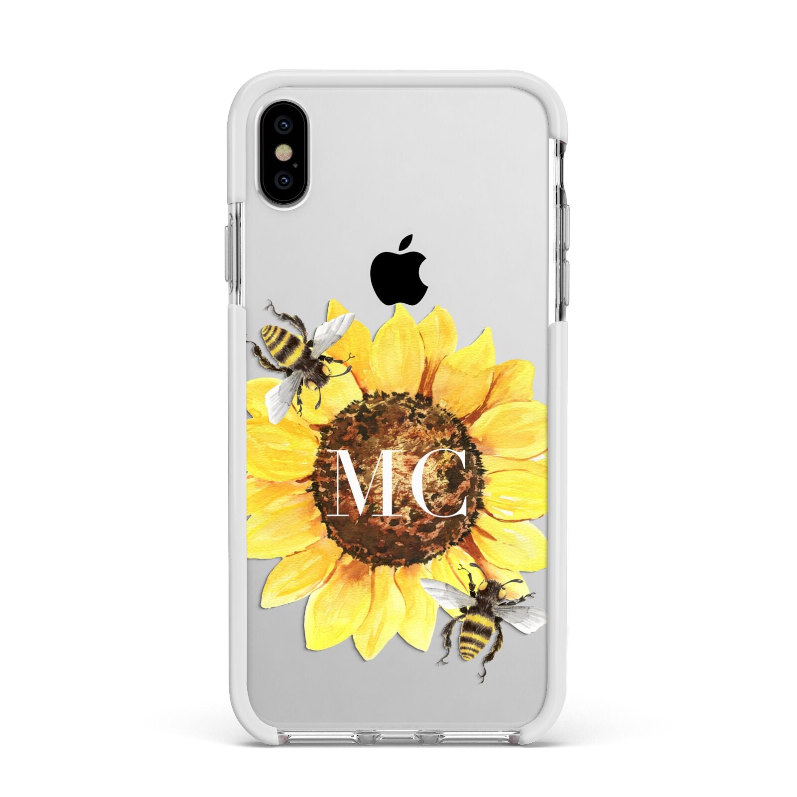 Monogrammed Sunflower with Little Bees Apple iPhone Xs Max Impact Case White Edge on Silver Phone