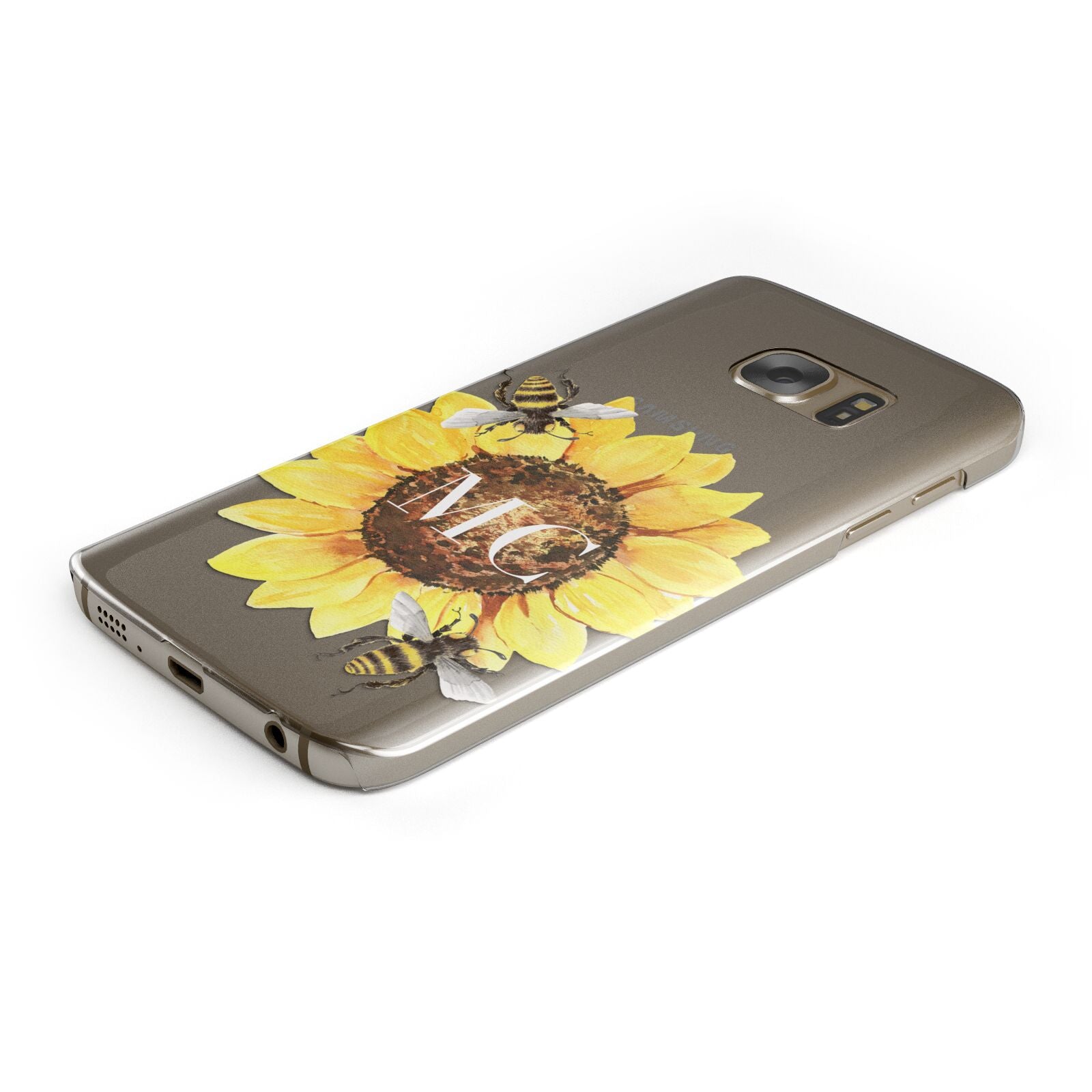 Monogrammed Sunflower with Little Bees Protective Samsung Galaxy Case Angled Image