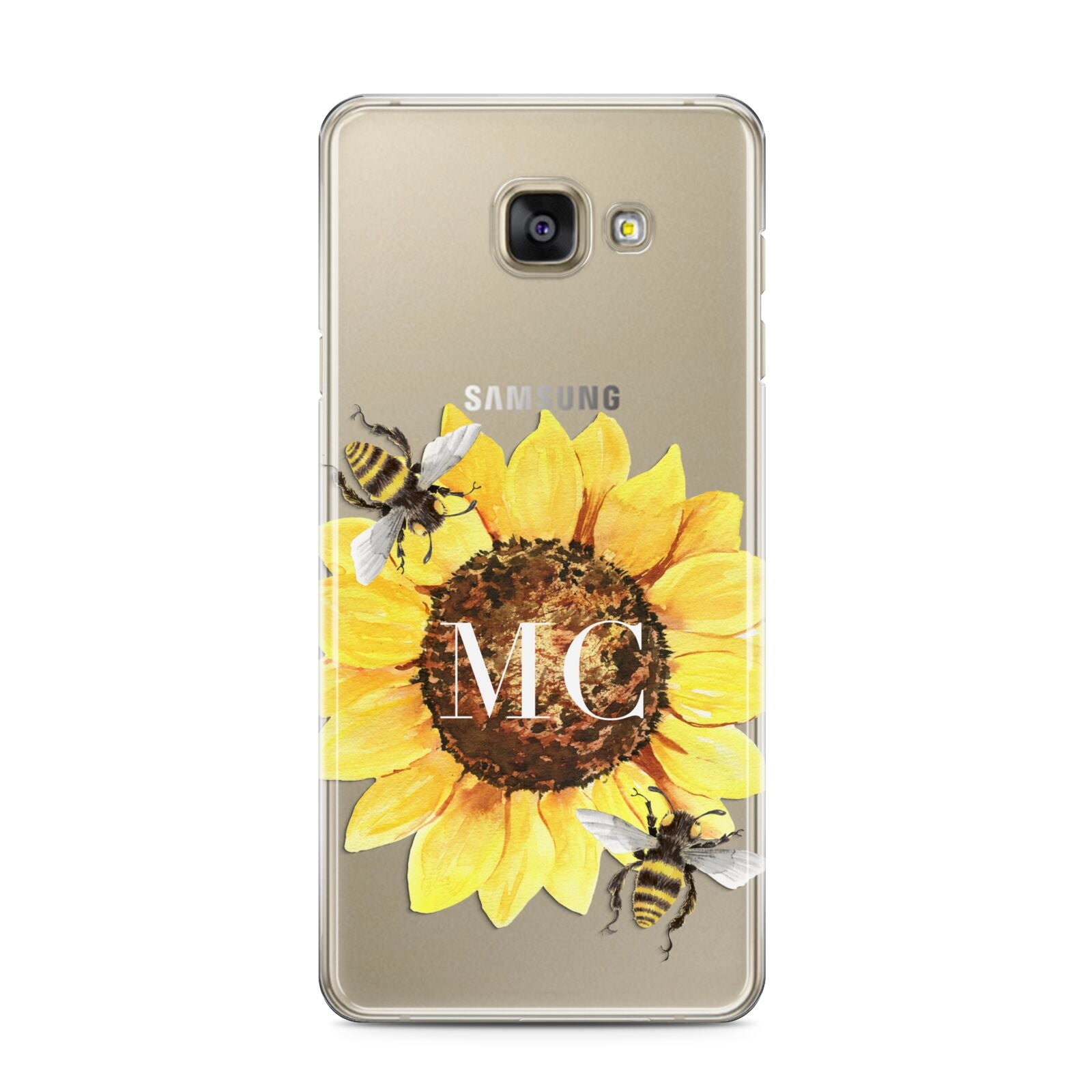 Monogrammed Sunflower with Little Bees Samsung Galaxy A3 2016 Case on gold phone