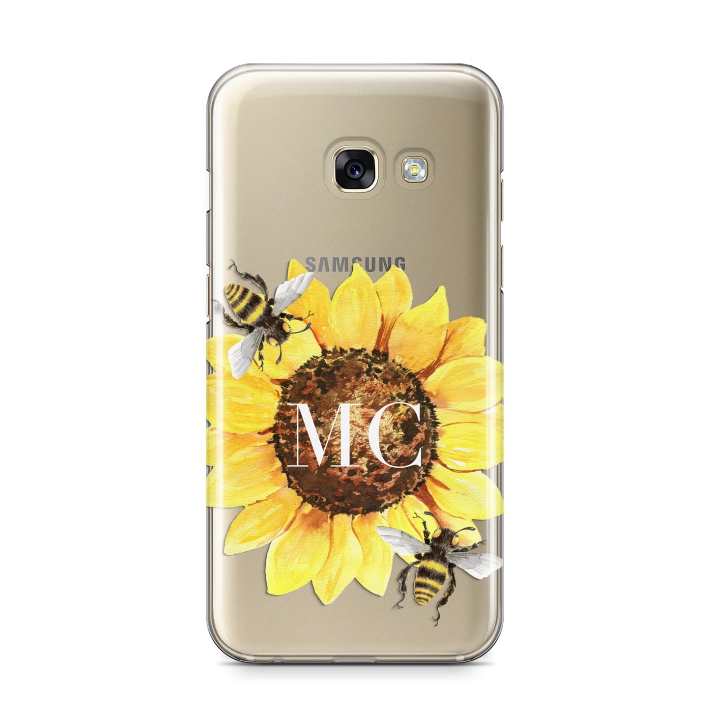 Monogrammed Sunflower with Little Bees Samsung Galaxy A3 2017 Case on gold phone