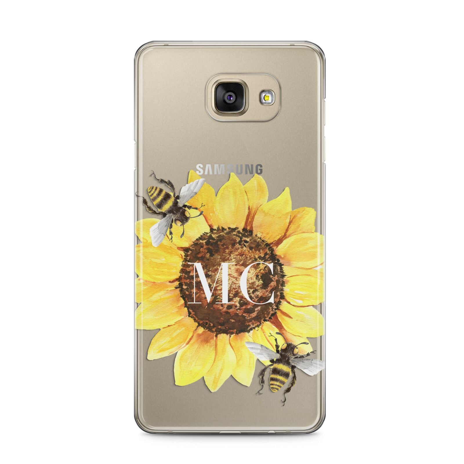 Monogrammed Sunflower with Little Bees Samsung Galaxy A5 2016 Case on gold phone