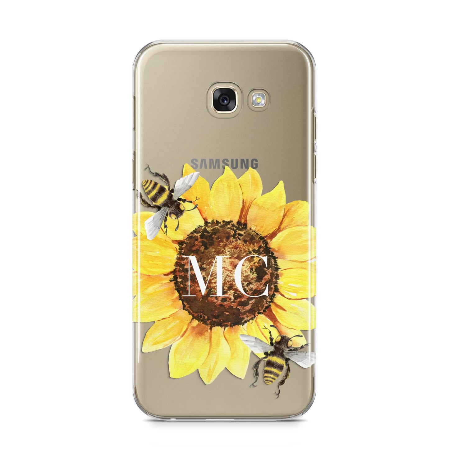 Monogrammed Sunflower with Little Bees Samsung Galaxy A5 2017 Case on gold phone