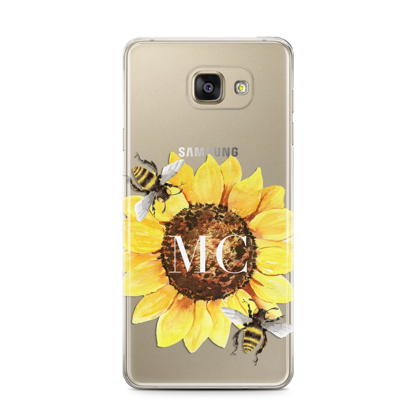 Monogrammed Sunflower with Little Bees Samsung Galaxy A7 2016 Case on gold phone