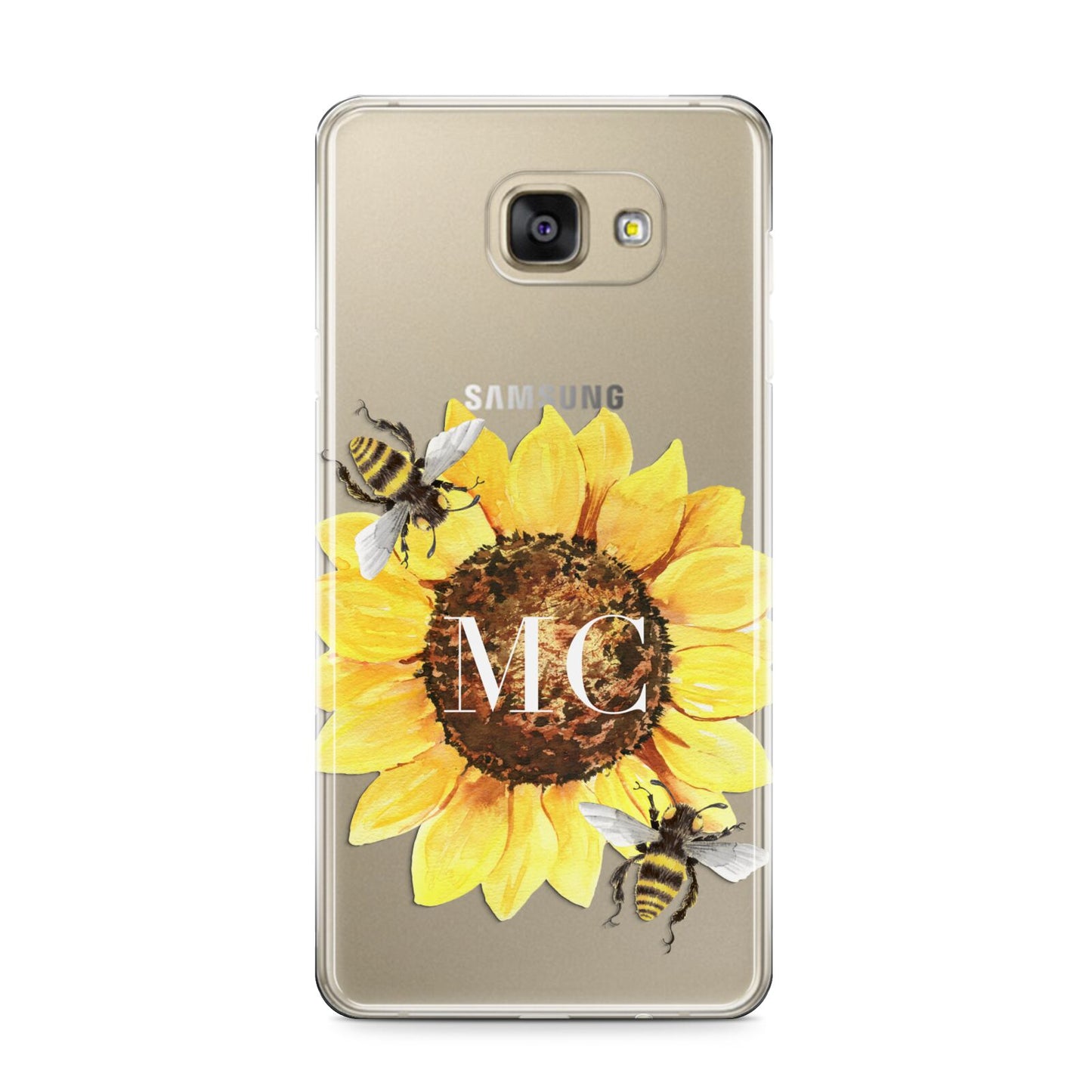 Monogrammed Sunflower with Little Bees Samsung Galaxy A9 2016 Case on gold phone