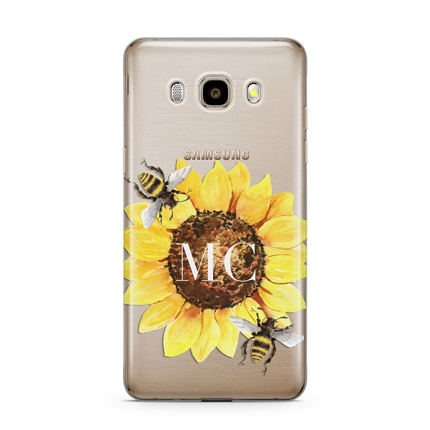 Monogrammed Sunflower with Little Bees Samsung Galaxy J7 2016 Case on gold phone