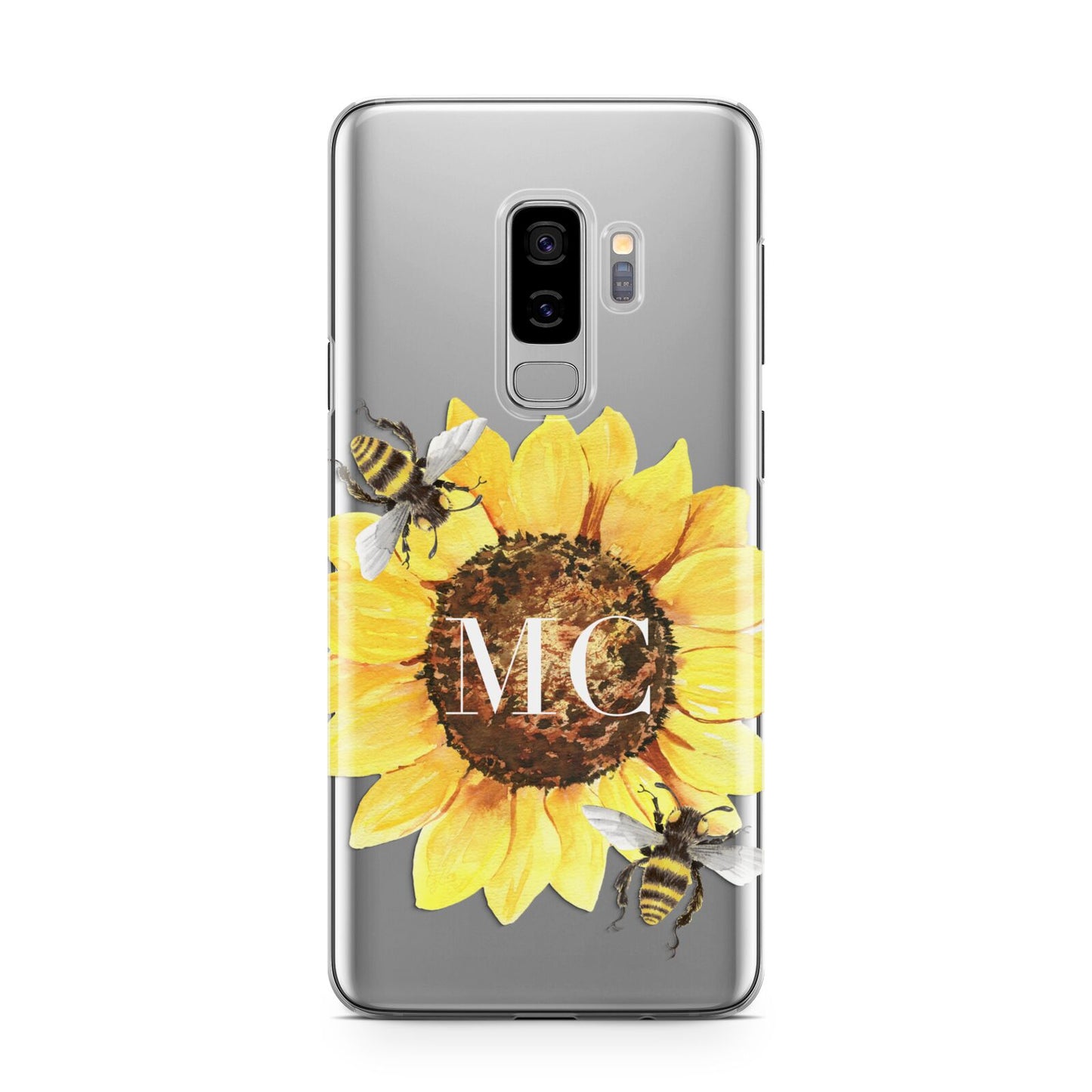 Monogrammed Sunflower with Little Bees Samsung Galaxy S9 Plus Case on Silver phone