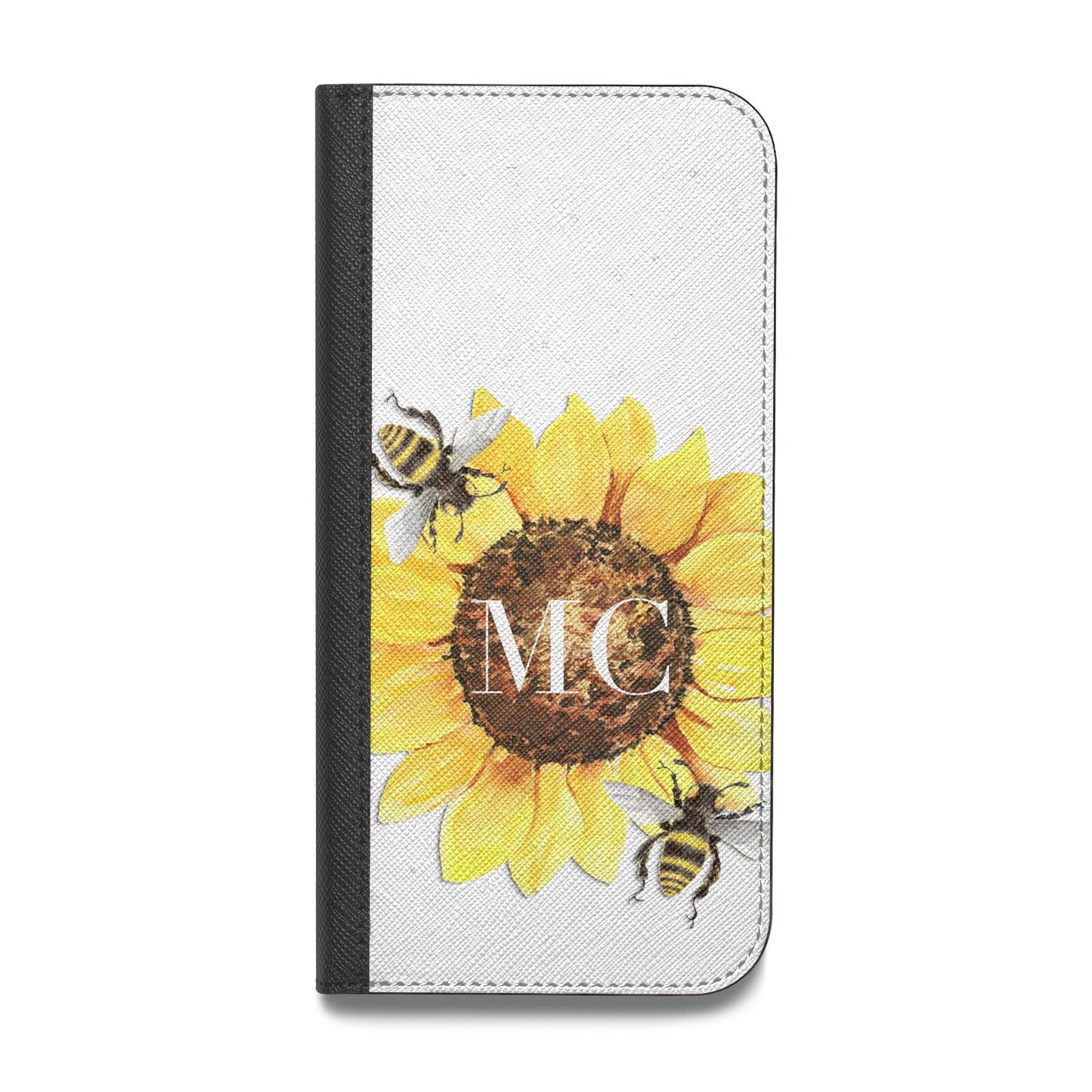 Monogrammed Sunflower with Little Bees Vegan Leather Flip iPhone Case