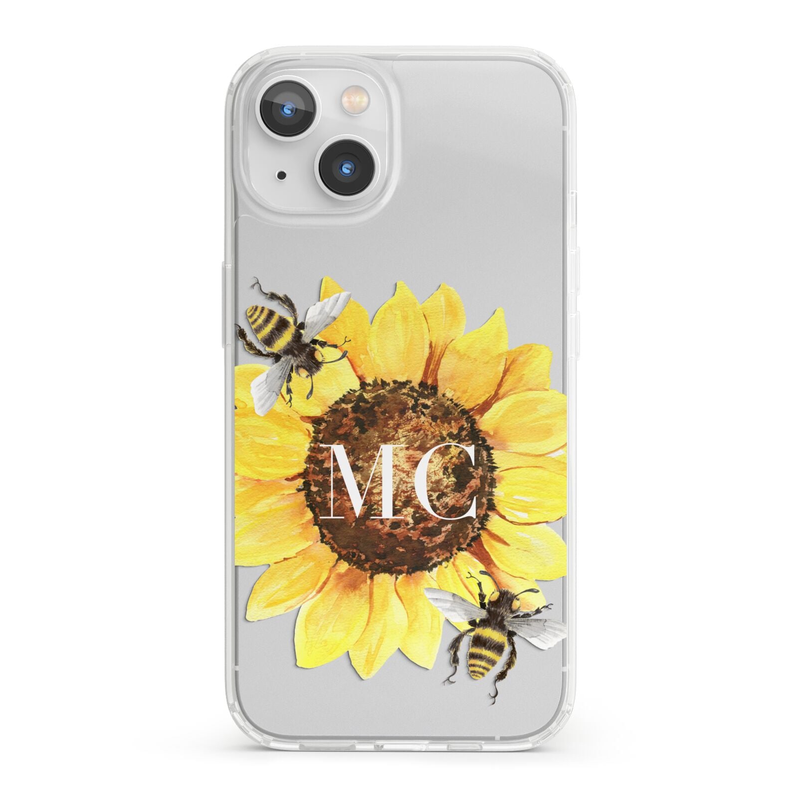 Monogrammed Sunflower with Little Bees iPhone 13 Clear Bumper Case