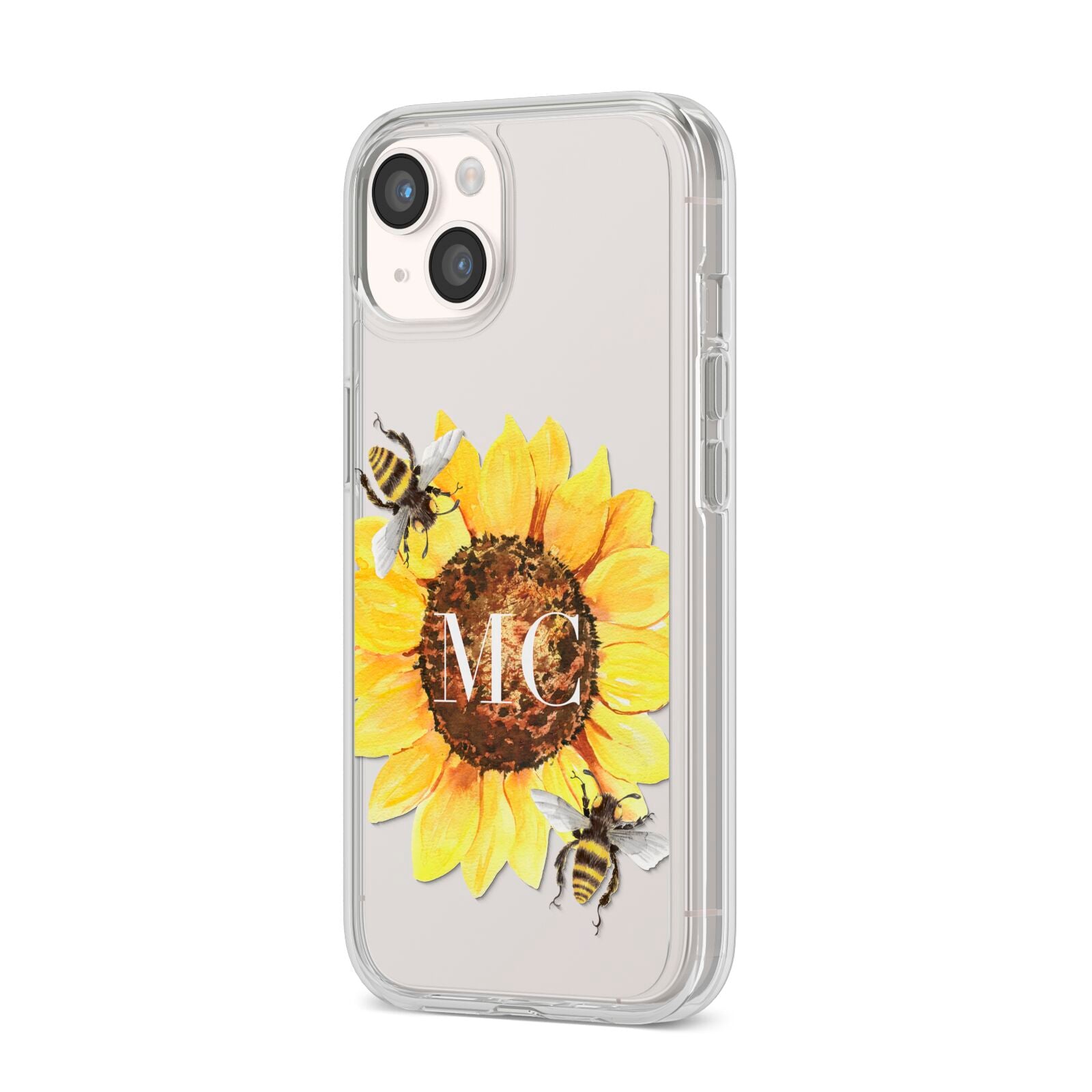 Monogrammed Sunflower with Little Bees iPhone 14 Clear Tough Case Starlight Angled Image