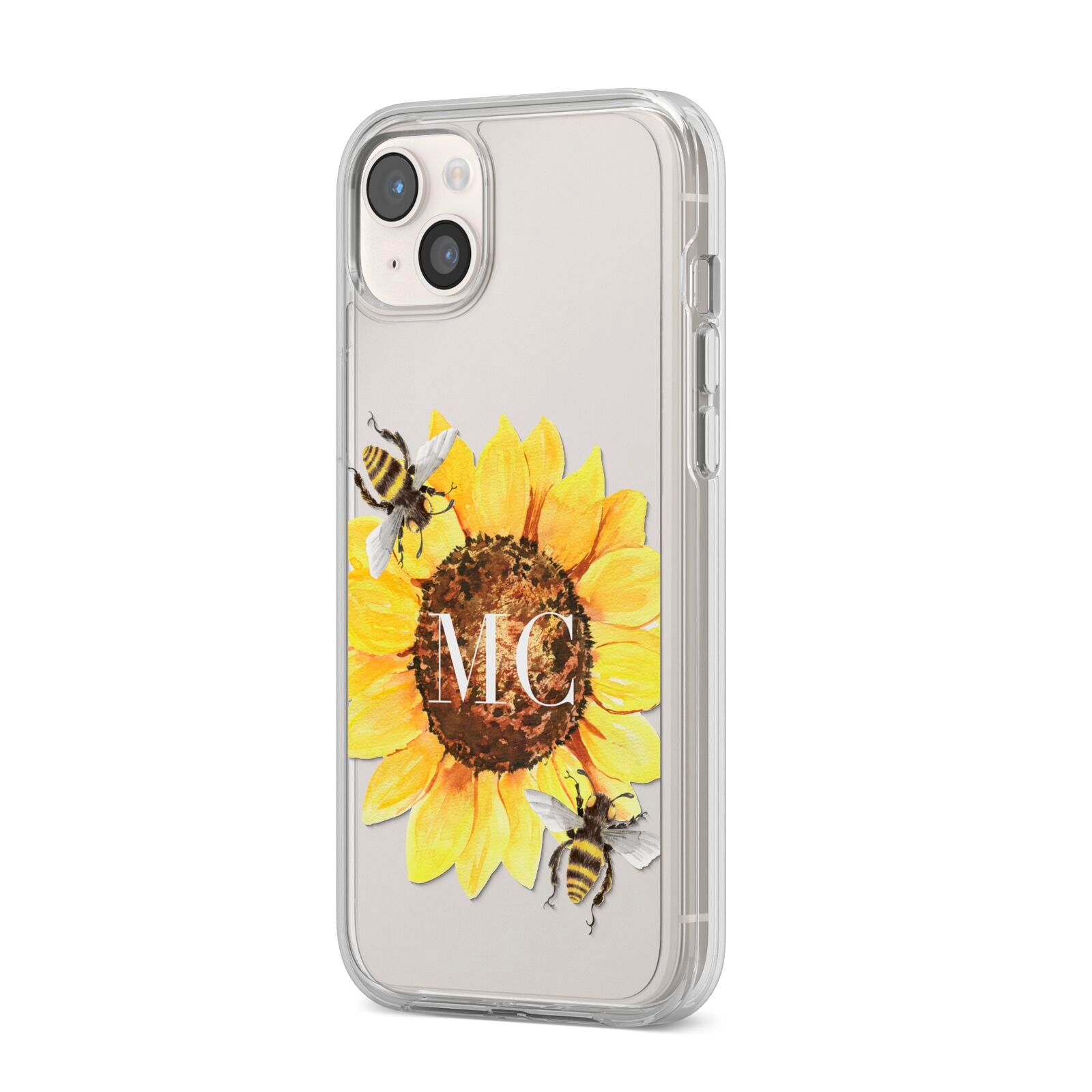 Monogrammed Sunflower with Little Bees iPhone 14 Plus Clear Tough Case Starlight Angled Image