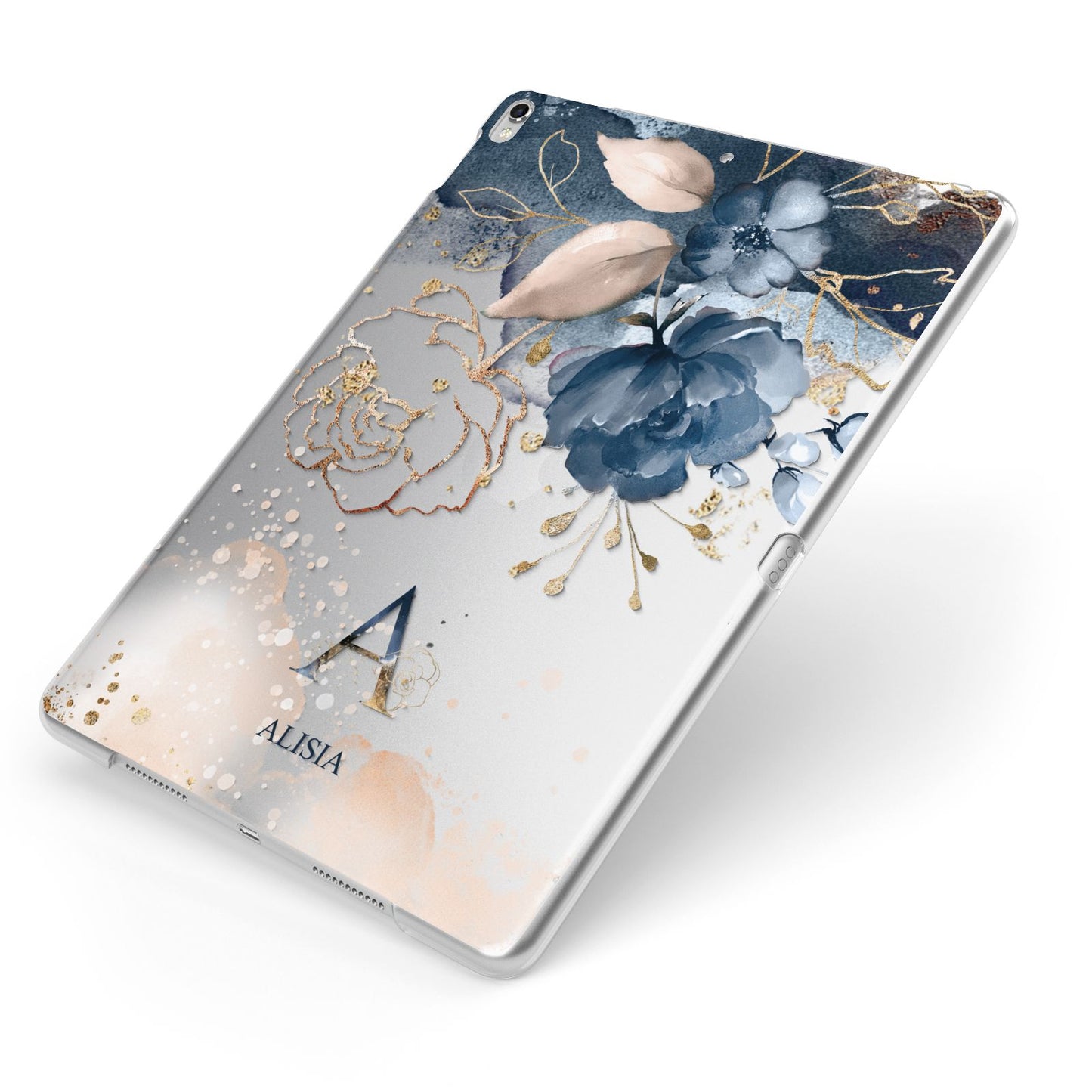 Monogrammed Watercolour Flower Elements Apple iPad Case on Silver iPad Side View