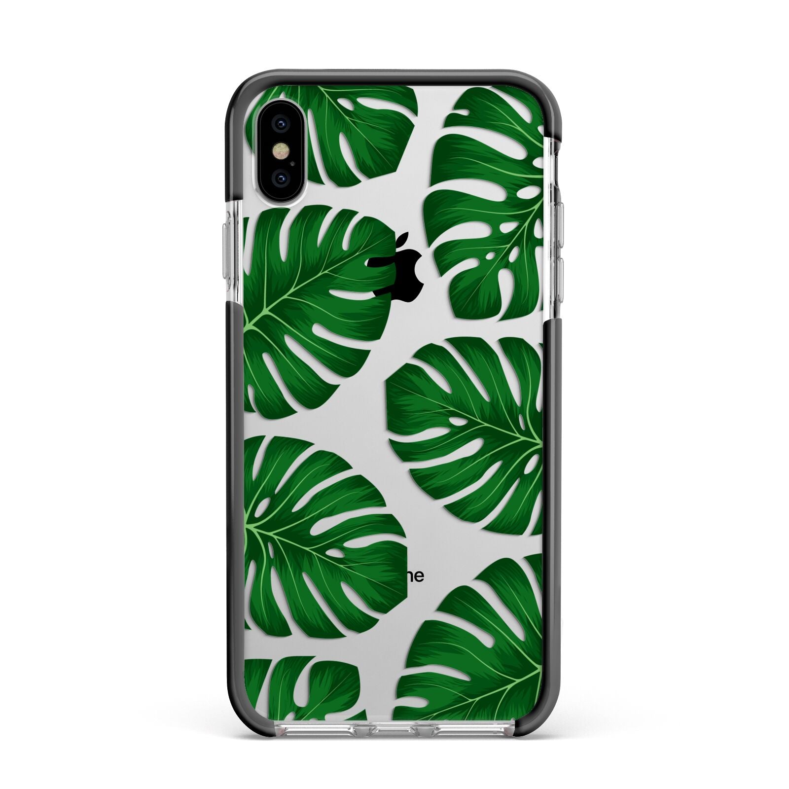 Monstera Leaf Apple iPhone Xs Max Impact Case Black Edge on Silver Phone