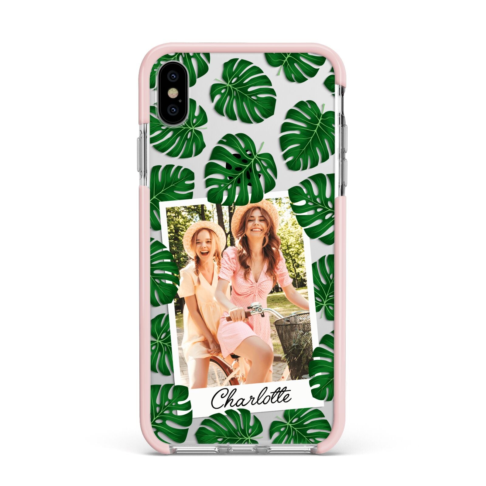 Monstera Leaf Instant Photo Apple iPhone Xs Max Impact Case Pink Edge on Silver Phone