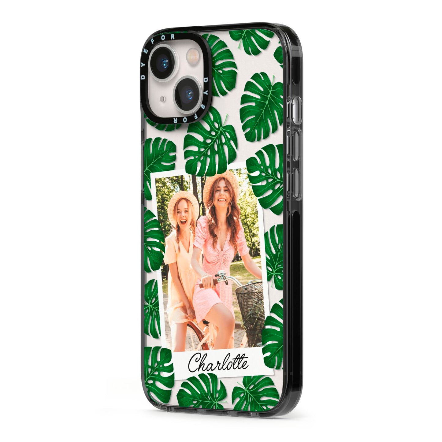 Monstera Leaf Instant Photo iPhone 13 Black Impact Case Side Angle on Silver phone