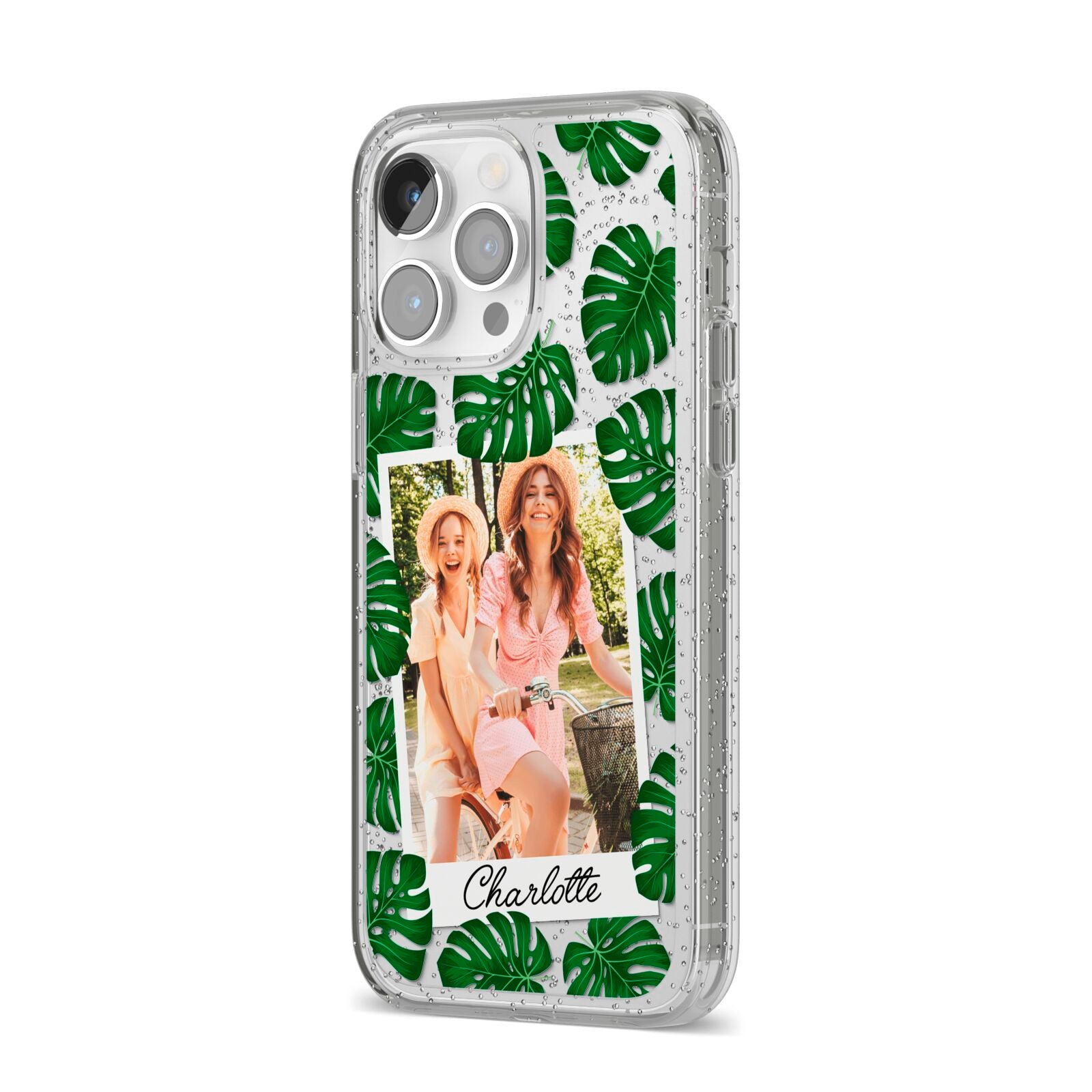 Monstera Leaf Instant Photo iPhone 14 Pro Max Glitter Tough Case Silver Angled Image