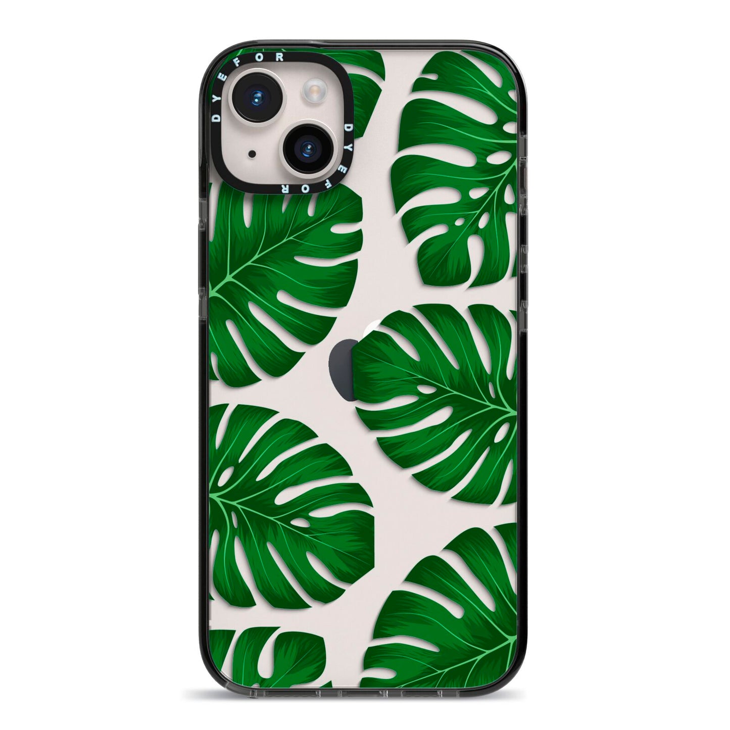 Monstera Leaf iPhone 14 Plus Black Impact Case on Silver phone