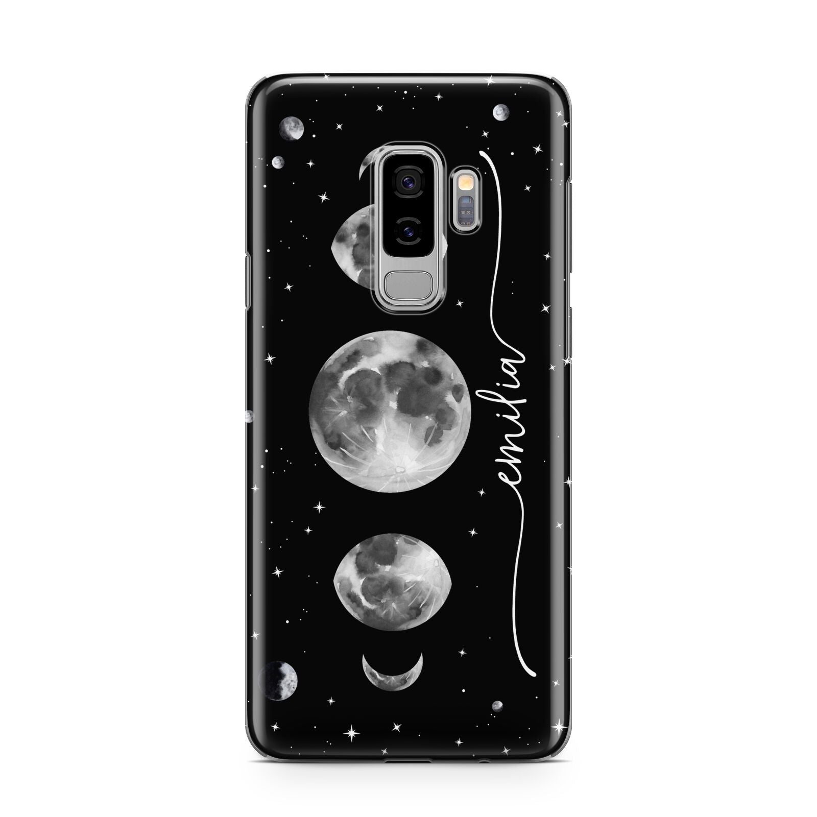 Moon Phases Personalised Name Samsung Galaxy S9 Plus Case on Silver phone