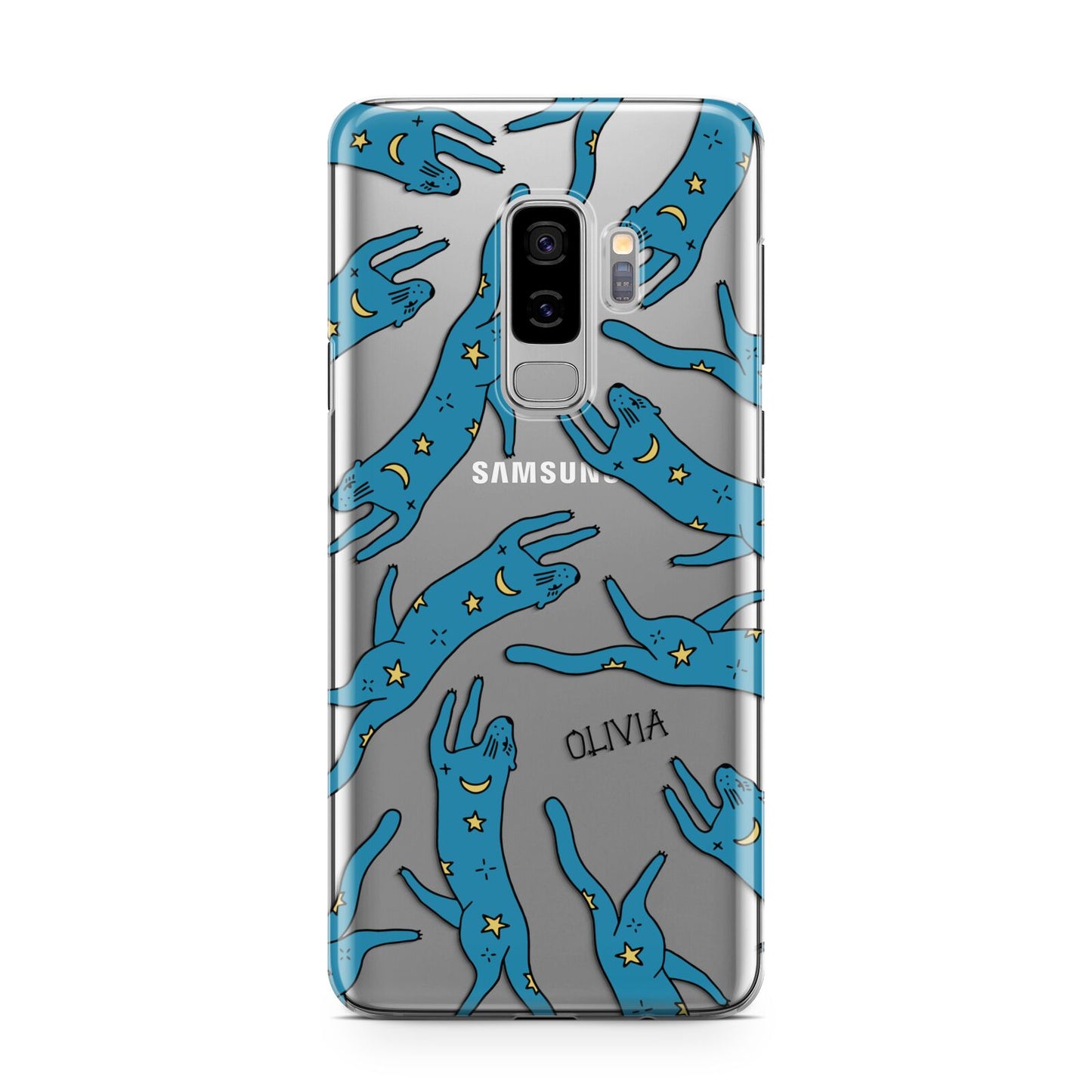 Moon Star Blue Cat Personalised Samsung Galaxy S9 Plus Case on Silver phone