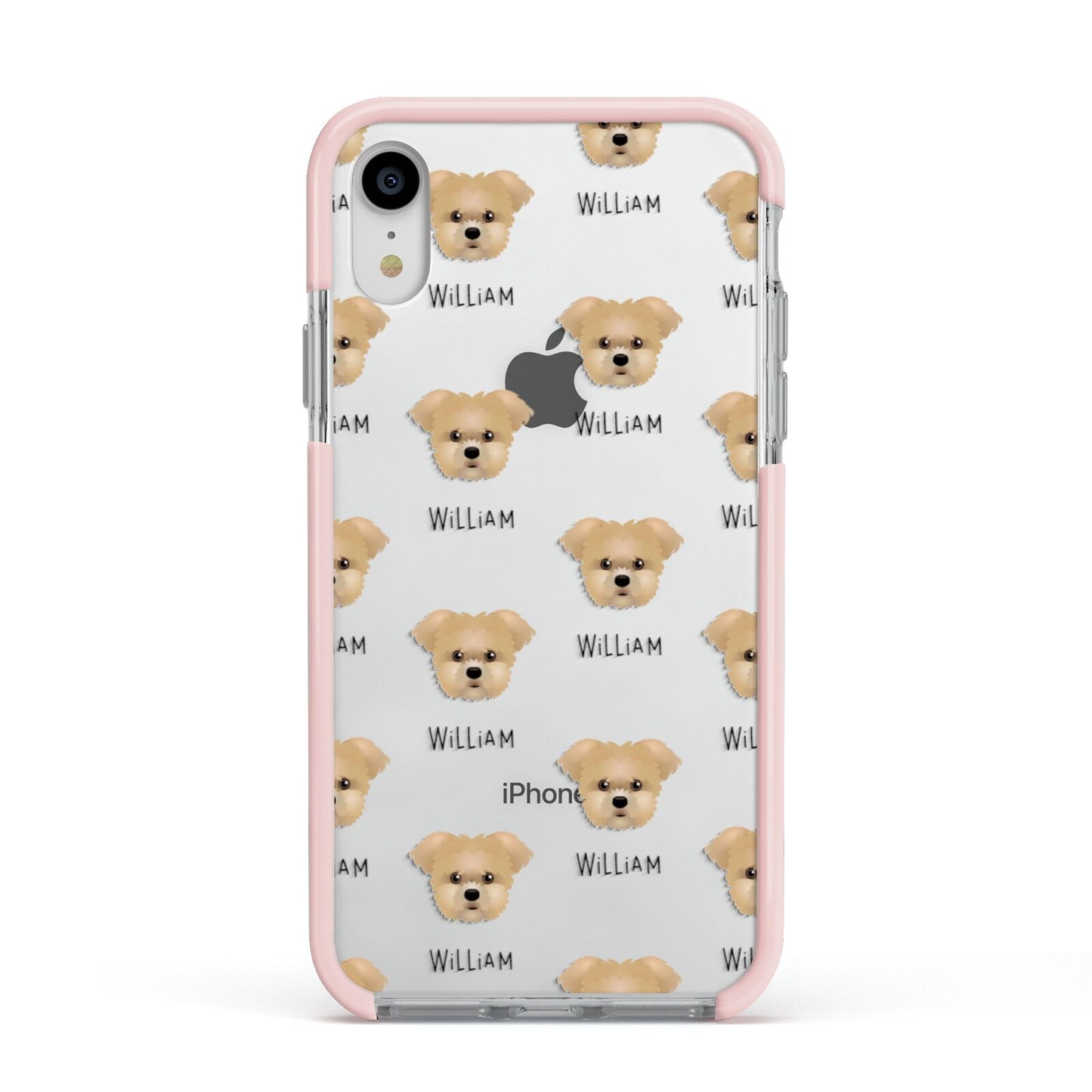 Morkie Icon with Name Apple iPhone XR Impact Case Pink Edge on Silver Phone