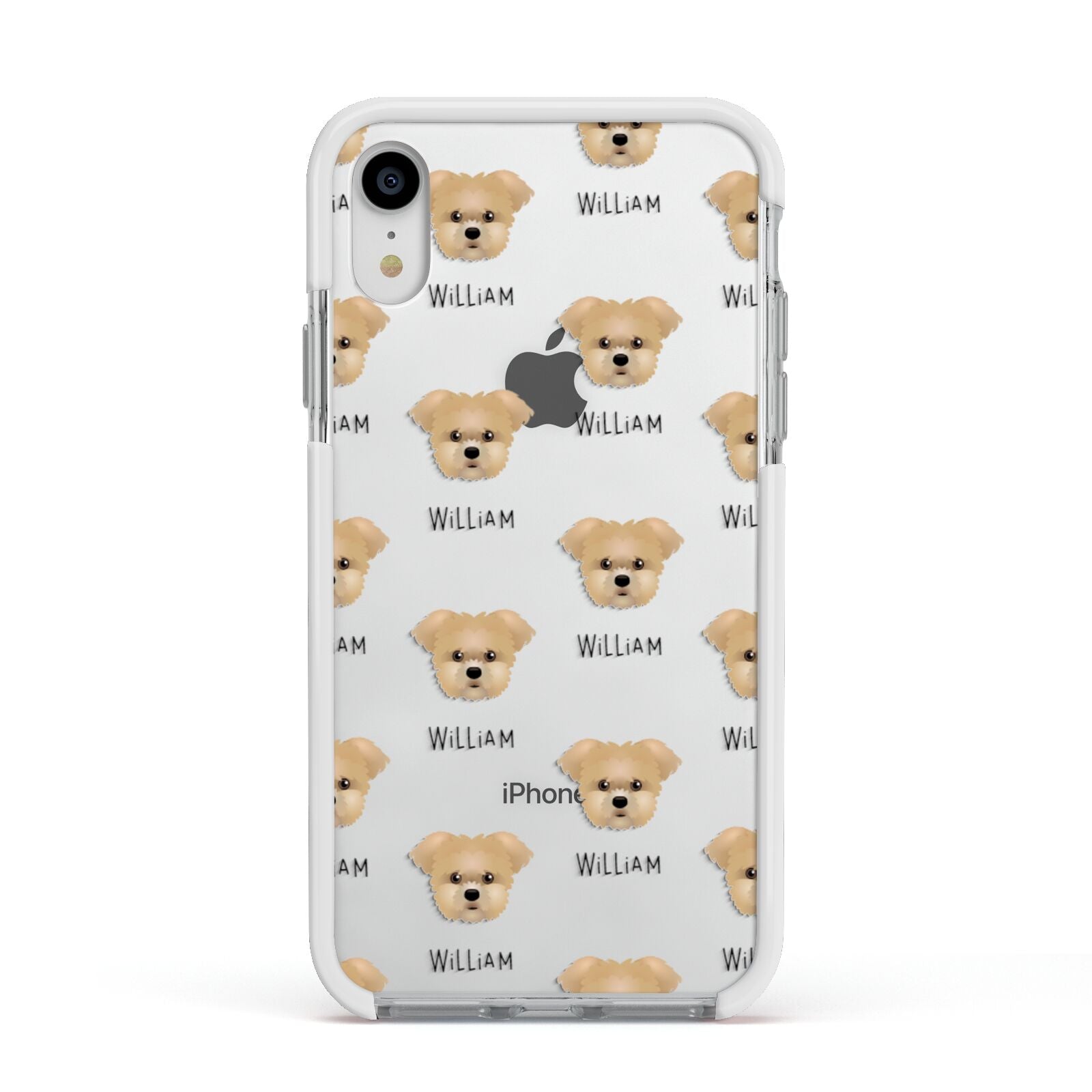 Morkie Icon with Name Apple iPhone XR Impact Case White Edge on Silver Phone