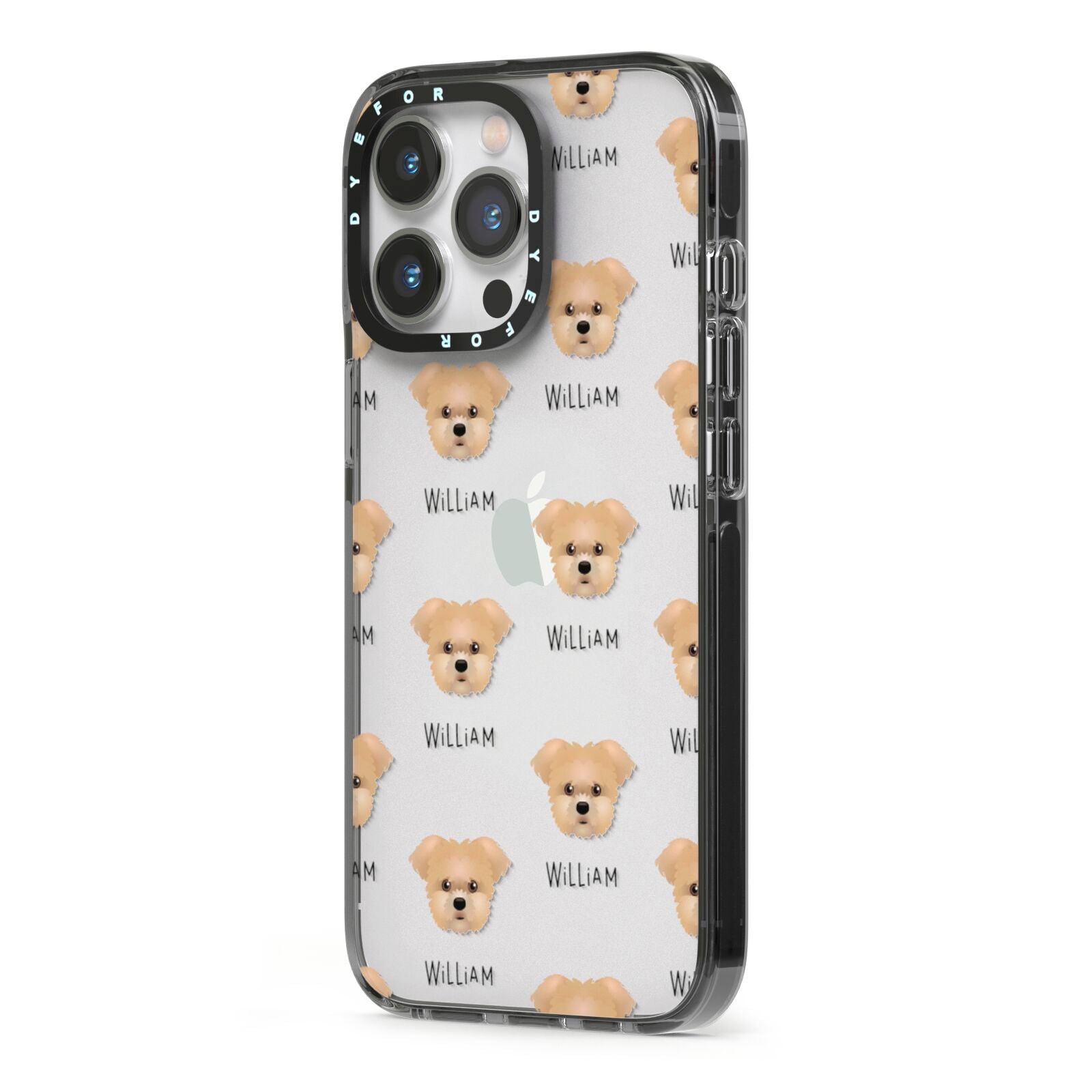 Morkie Icon with Name iPhone 13 Pro Black Impact Case Side Angle on Silver phone