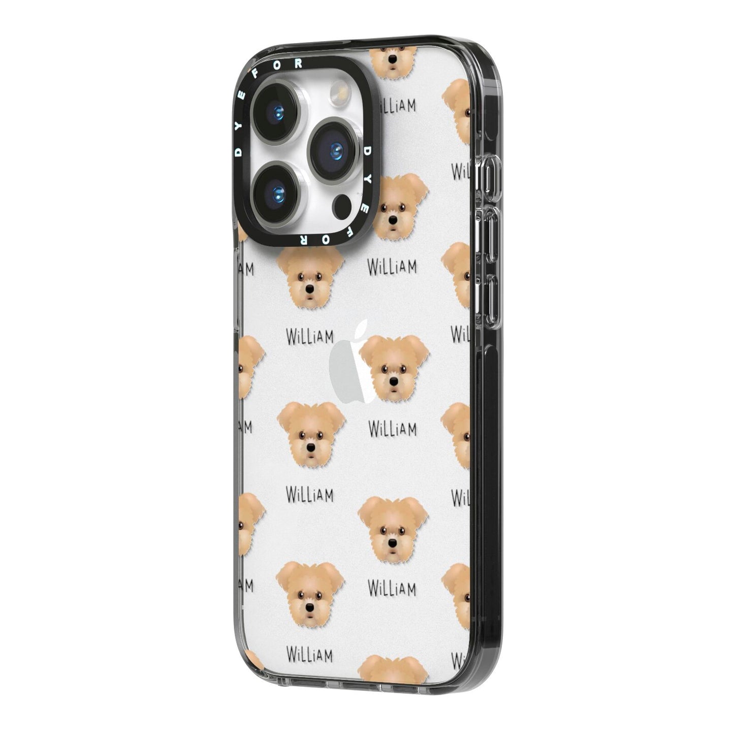 Morkie Icon with Name iPhone 14 Pro Black Impact Case Side Angle on Silver phone