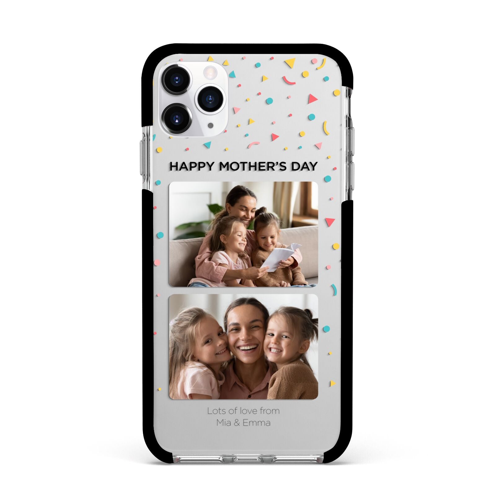 Mothers Day Confetti Photos with Names Apple iPhone 11 Pro Max in Silver with Black Impact Case