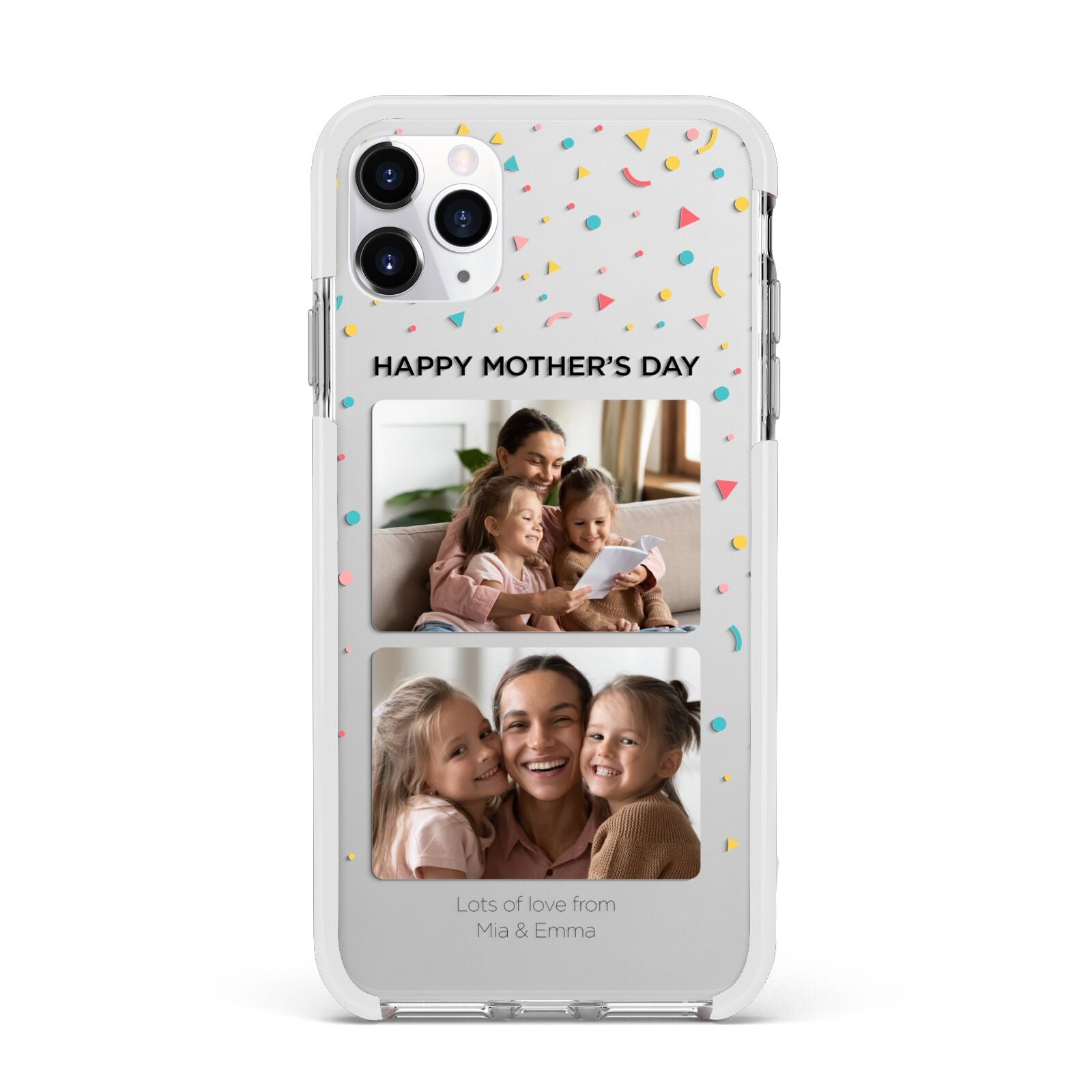 Mothers Day Confetti Photos with Names Apple iPhone 11 Pro Max in Silver with White Impact Case