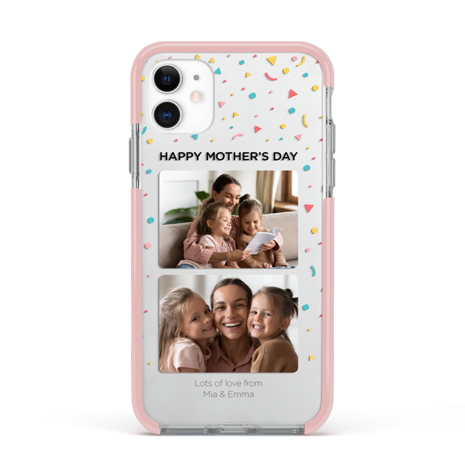 Mothers Day Confetti Photos with Names Apple iPhone 11 in White with Pink Impact Case