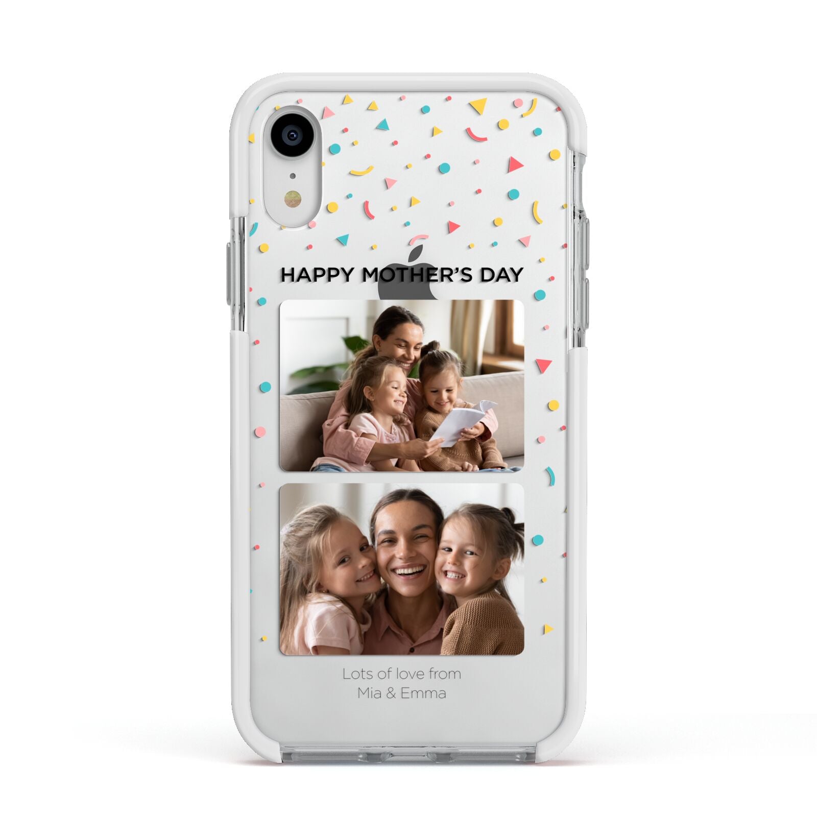 Mothers Day Confetti Photos with Names Apple iPhone XR Impact Case White Edge on Silver Phone