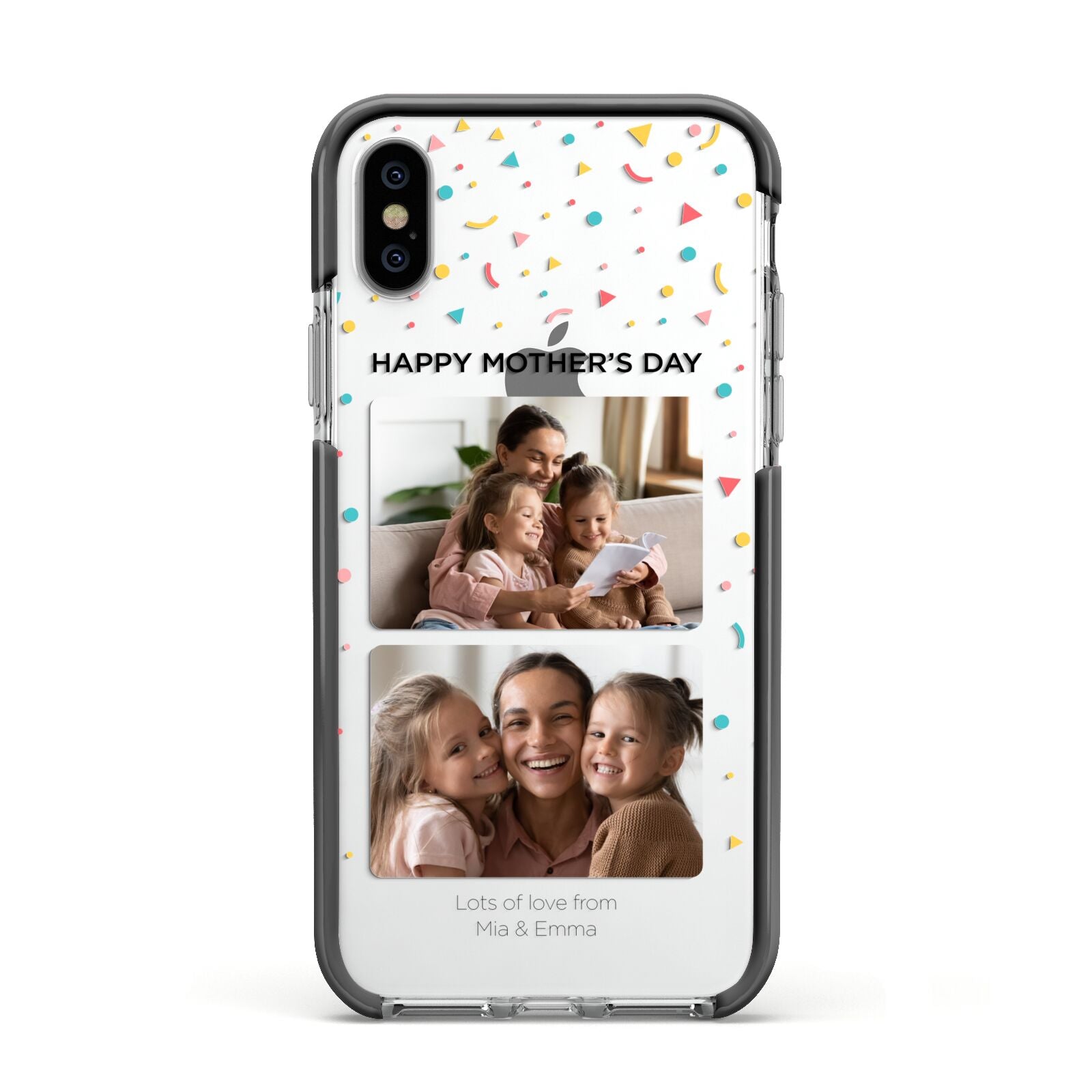 Mothers Day Confetti Photos with Names Apple iPhone Xs Impact Case Black Edge on Silver Phone