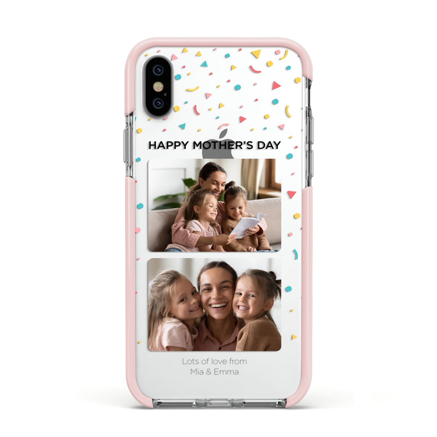 Mothers Day Confetti Photos with Names Apple iPhone Xs Impact Case Pink Edge on Silver Phone