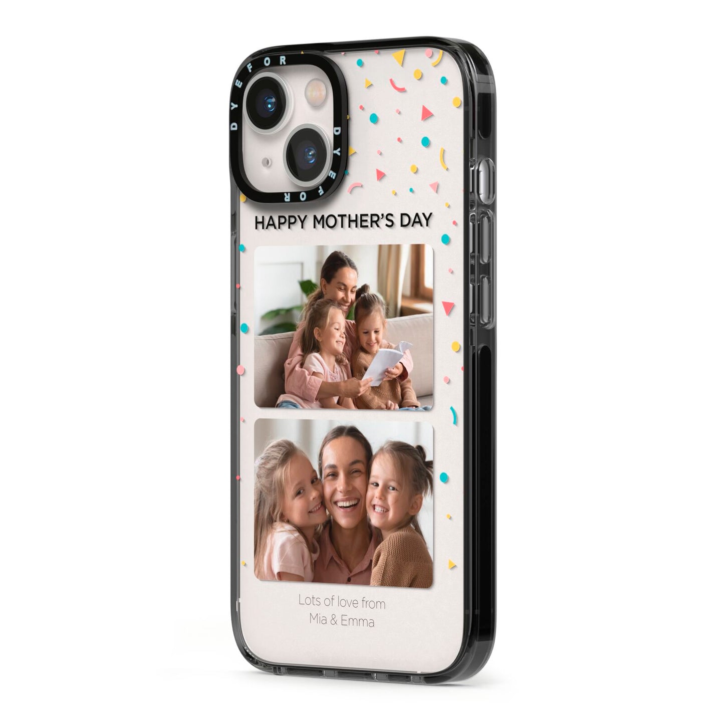 Mothers Day Confetti Photos with Names iPhone 13 Black Impact Case Side Angle on Silver phone