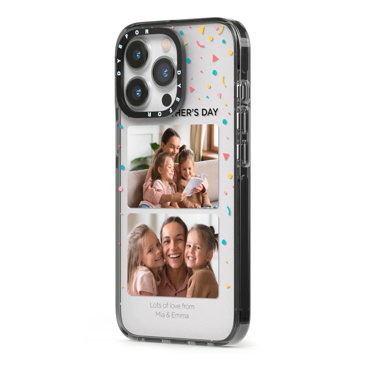 Mothers Day Confetti Photos with Names iPhone 13 Pro Black Impact Case Side Angle on Silver phone