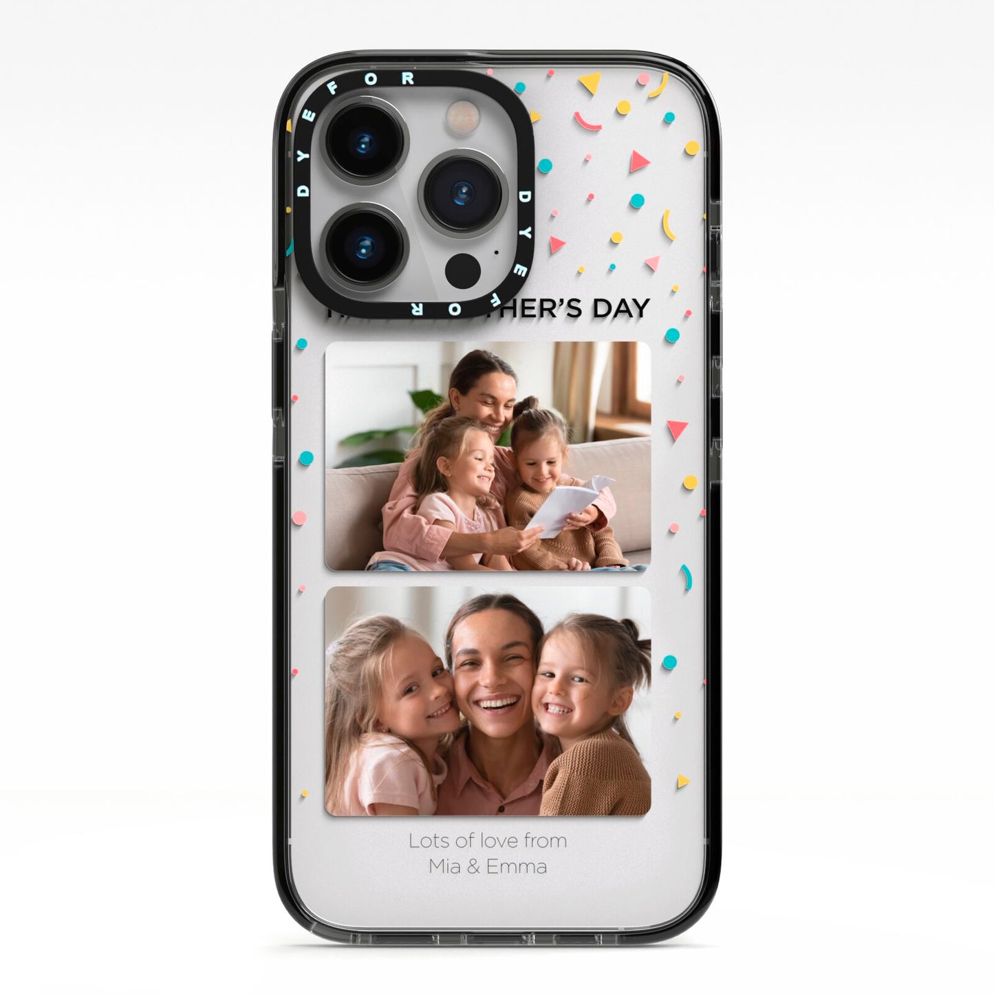 Mothers Day Confetti Photos with Names iPhone 13 Pro Black Impact Case on Silver phone