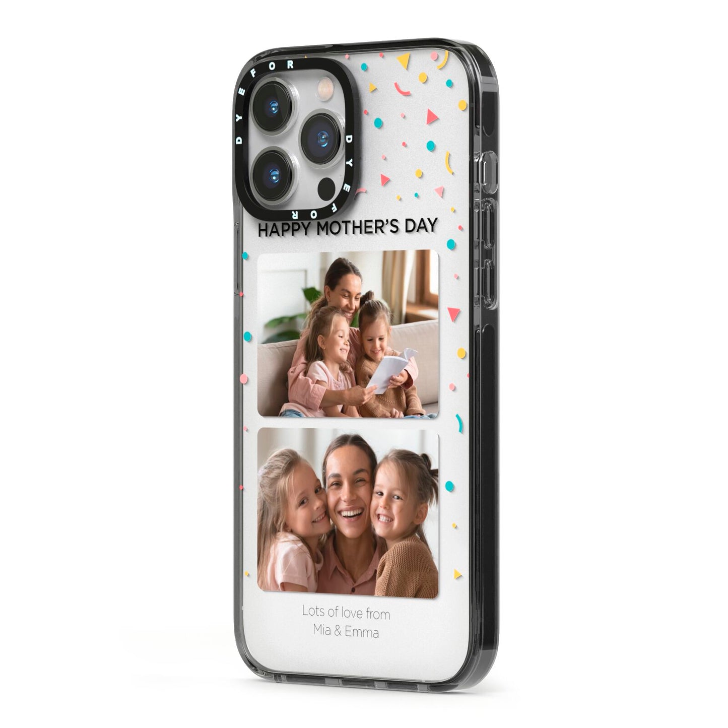 Mothers Day Confetti Photos with Names iPhone 13 Pro Max Black Impact Case Side Angle on Silver phone