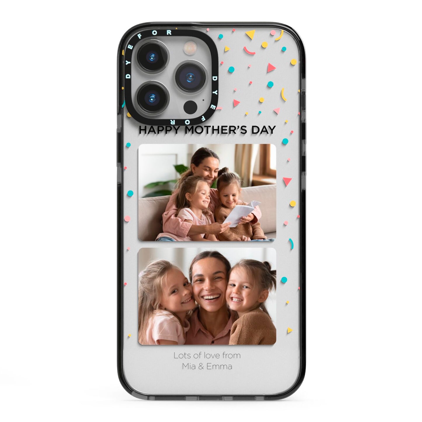 Mothers Day Confetti Photos with Names iPhone 13 Pro Max Black Impact Case on Silver phone