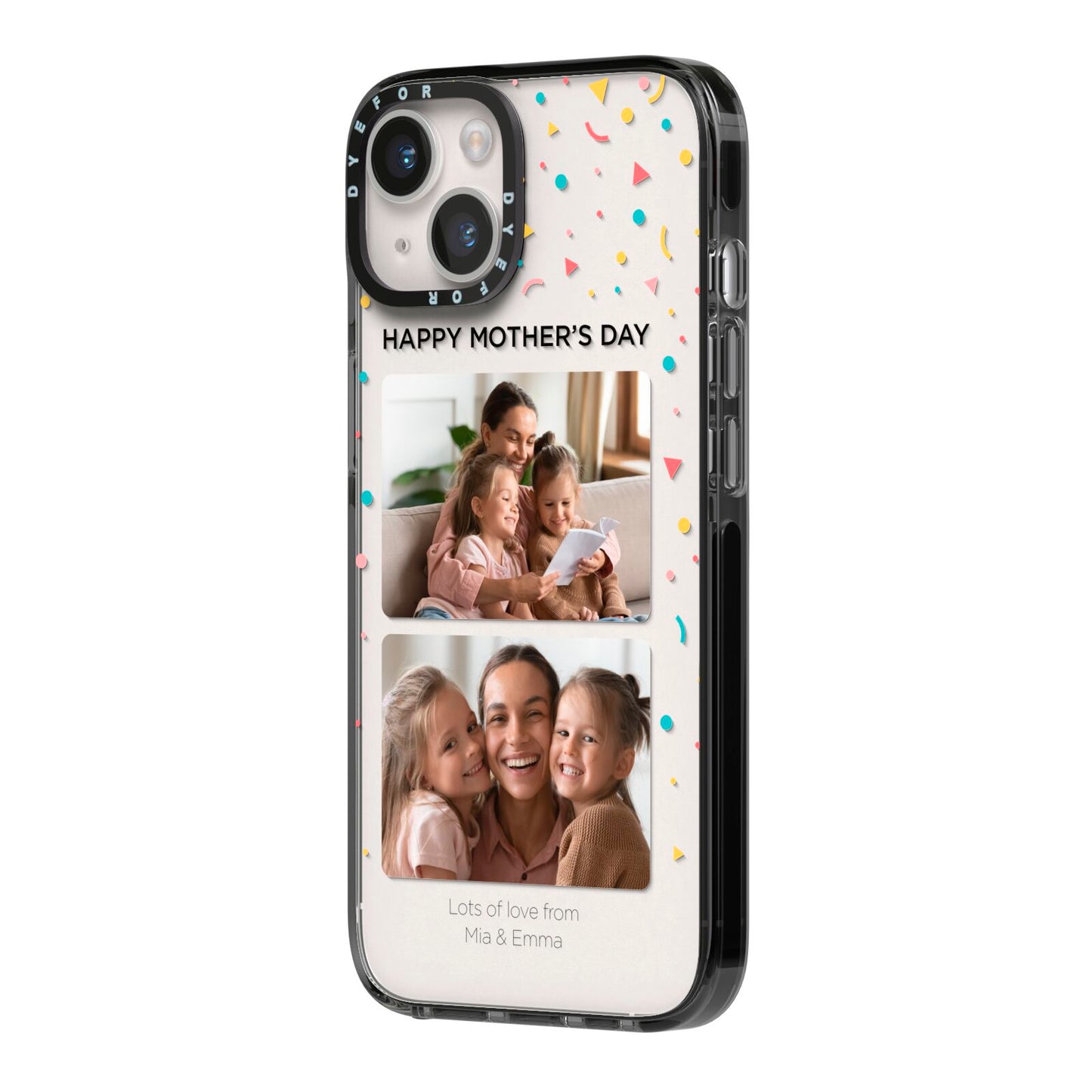 Mothers Day Confetti Photos with Names iPhone 14 Black Impact Case Side Angle on Silver phone