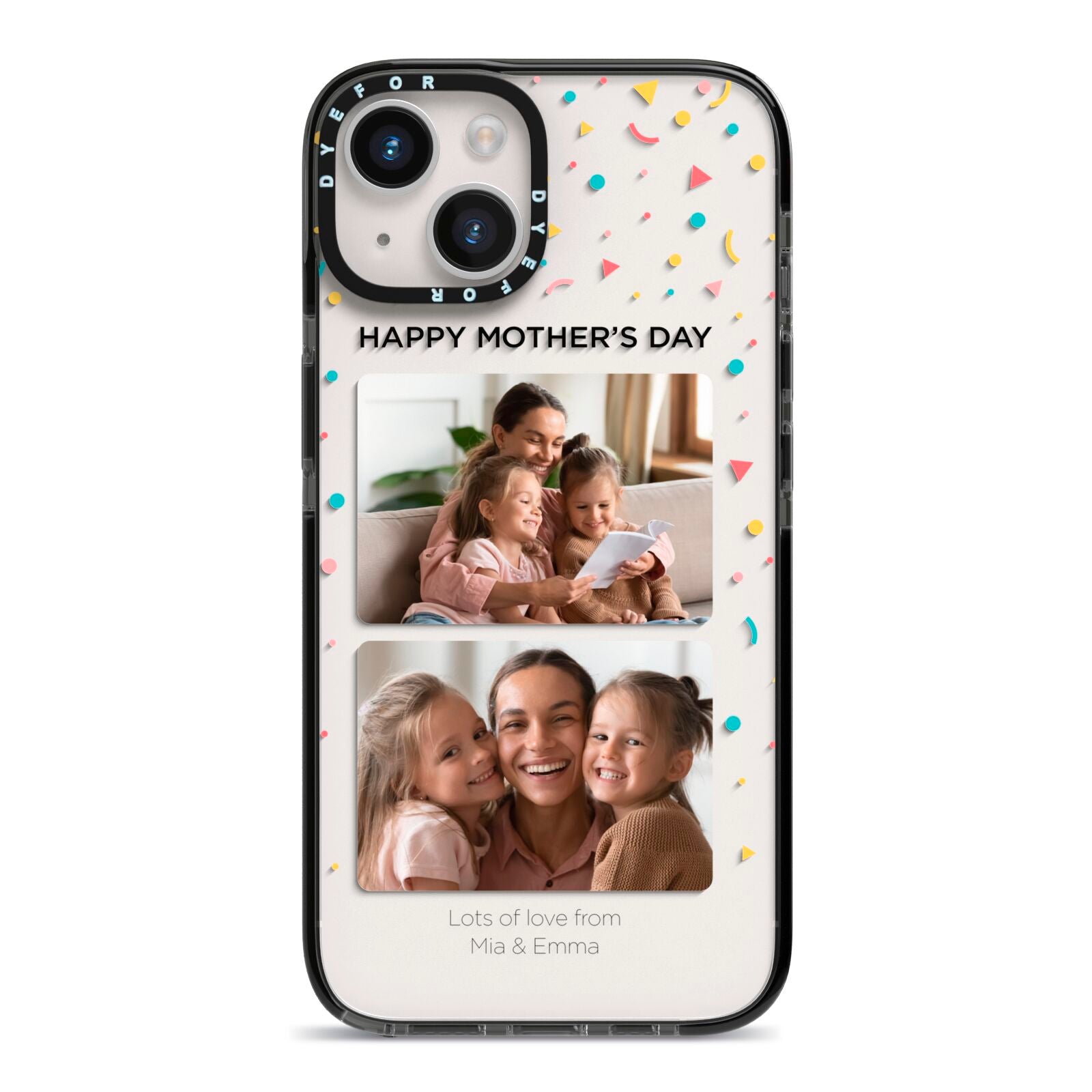 Mothers Day Confetti Photos with Names iPhone 14 Black Impact Case on Silver phone