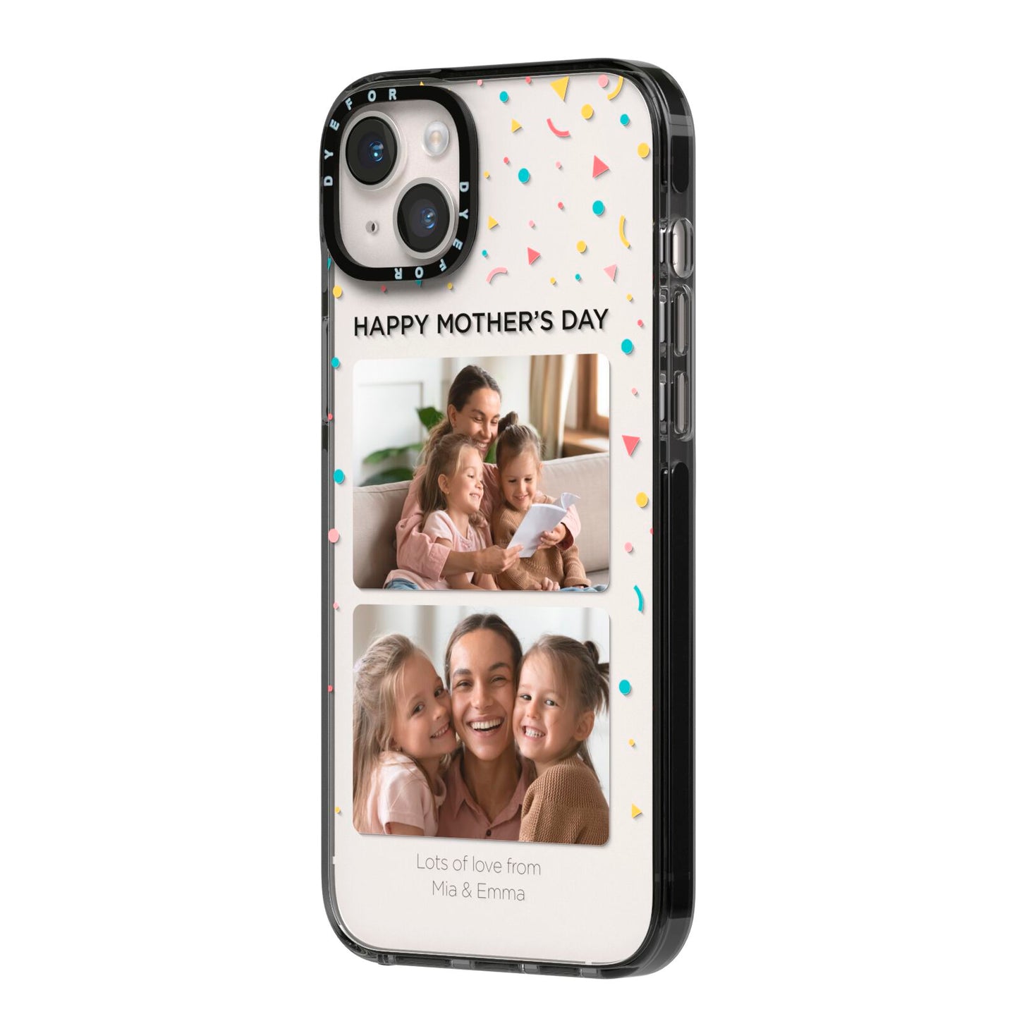 Mothers Day Confetti Photos with Names iPhone 14 Plus Black Impact Case Side Angle on Silver phone