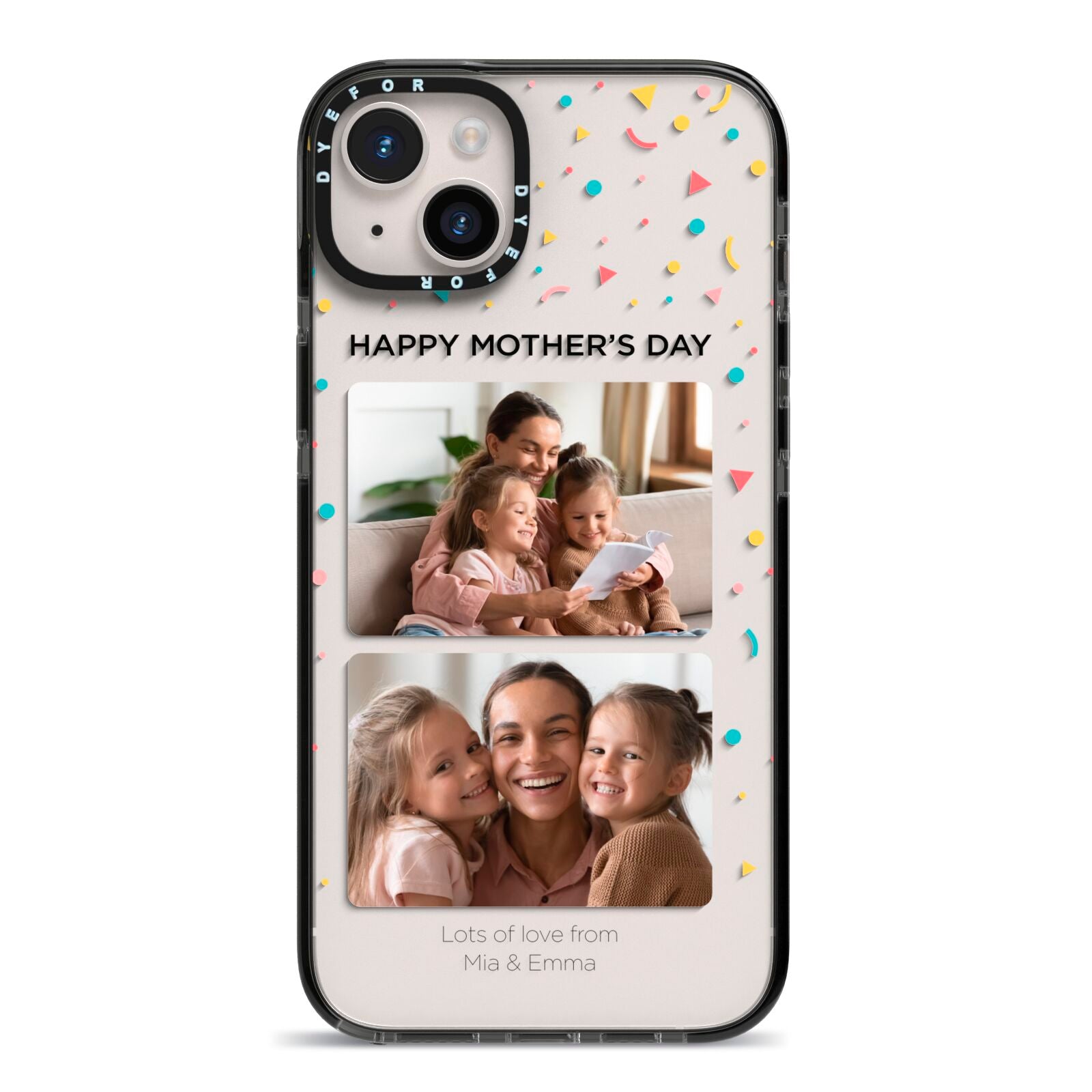 Mothers Day Confetti Photos with Names iPhone 14 Plus Black Impact Case on Silver phone