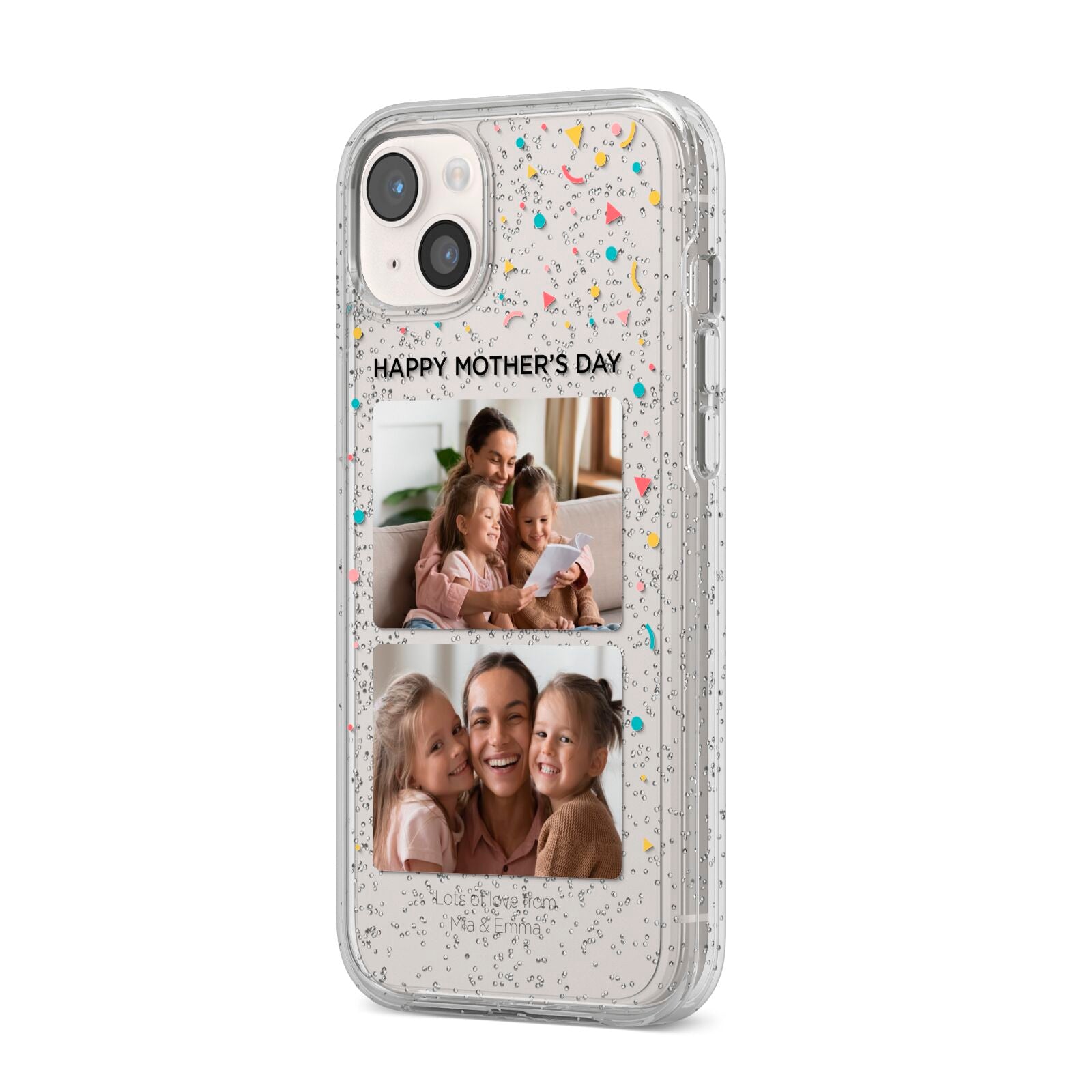 Mothers Day Confetti Photos with Names iPhone 14 Plus Glitter Tough Case Starlight Angled Image