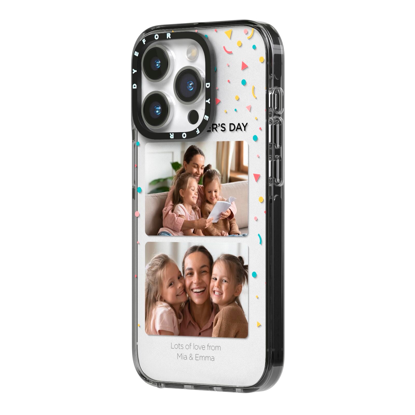 Mothers Day Confetti Photos with Names iPhone 14 Pro Black Impact Case Side Angle on Silver phone