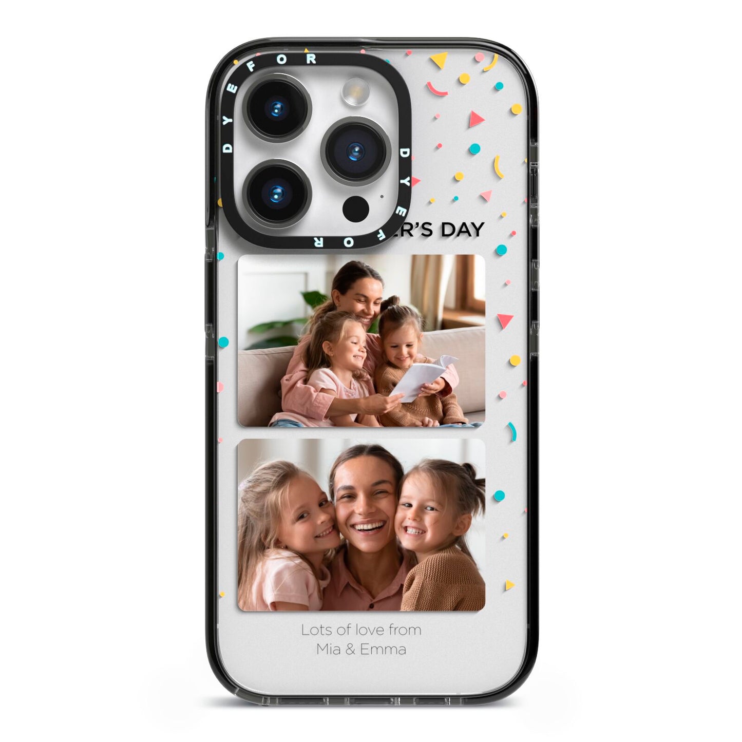 Mothers Day Confetti Photos with Names iPhone 14 Pro Black Impact Case on Silver phone